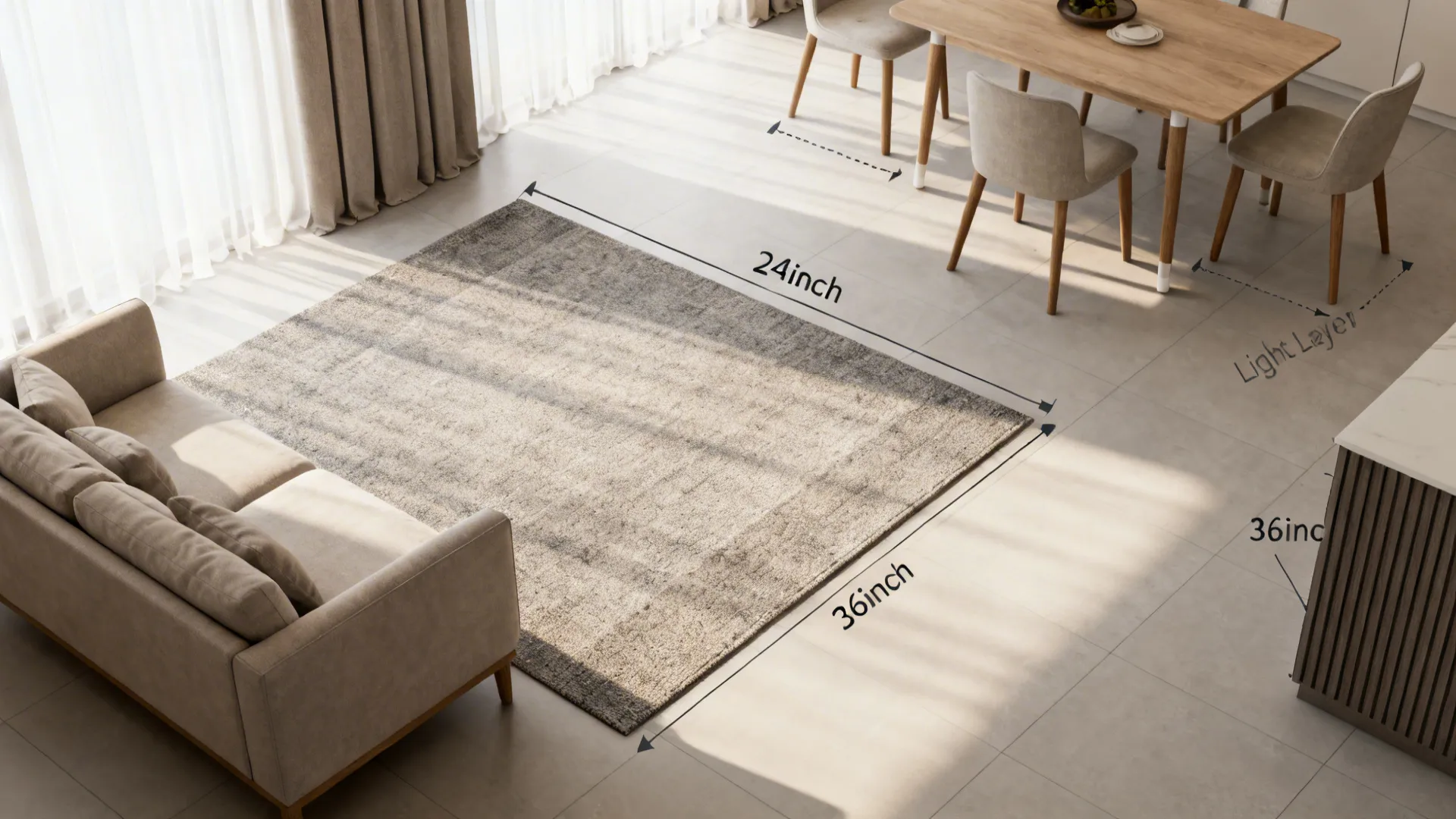 Top-down layout guide for living-dining combos showing rug, clearance, and lighting positions