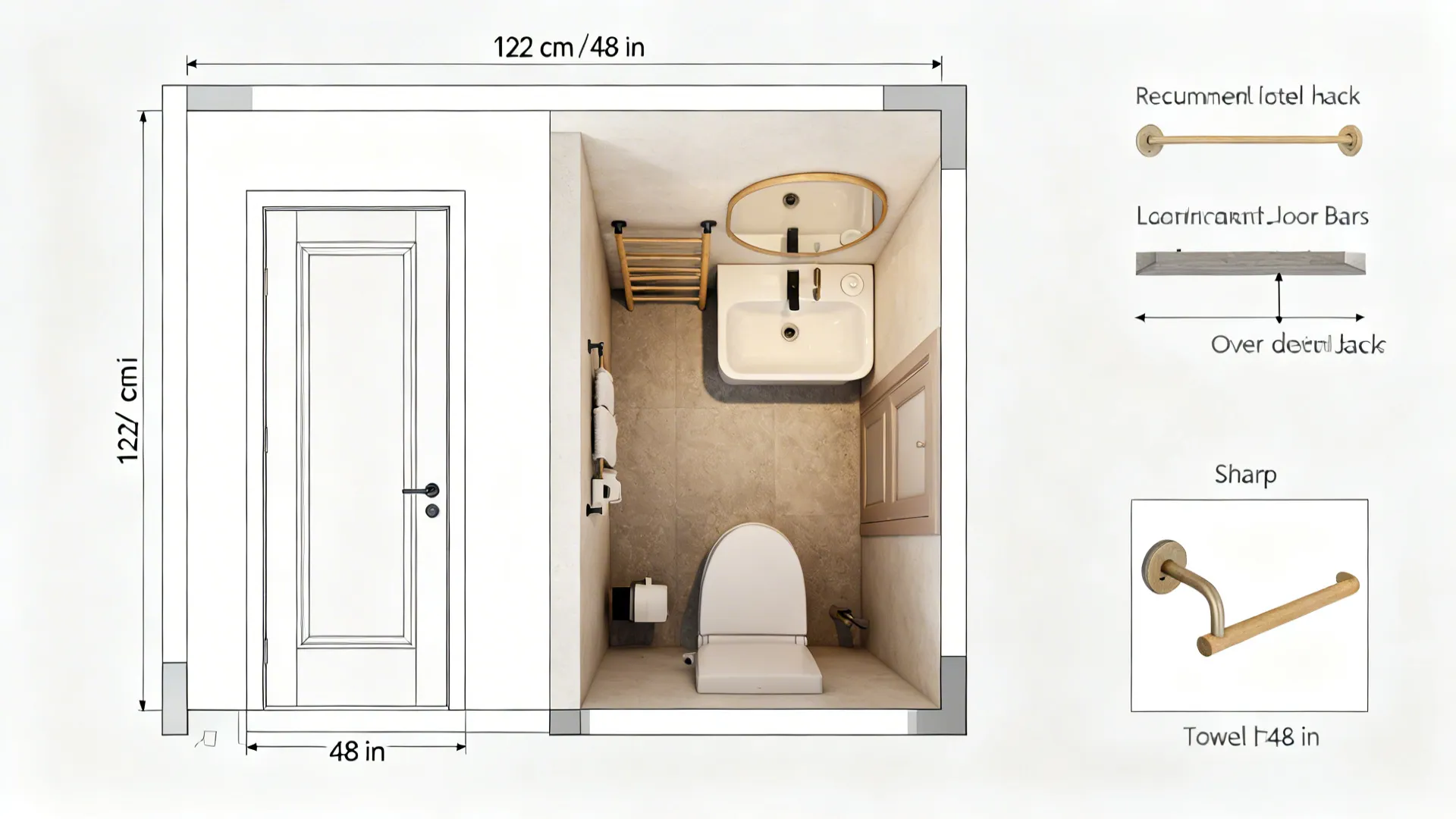 Top-down bathroom plan showing towel bar height and placement recommendations.
