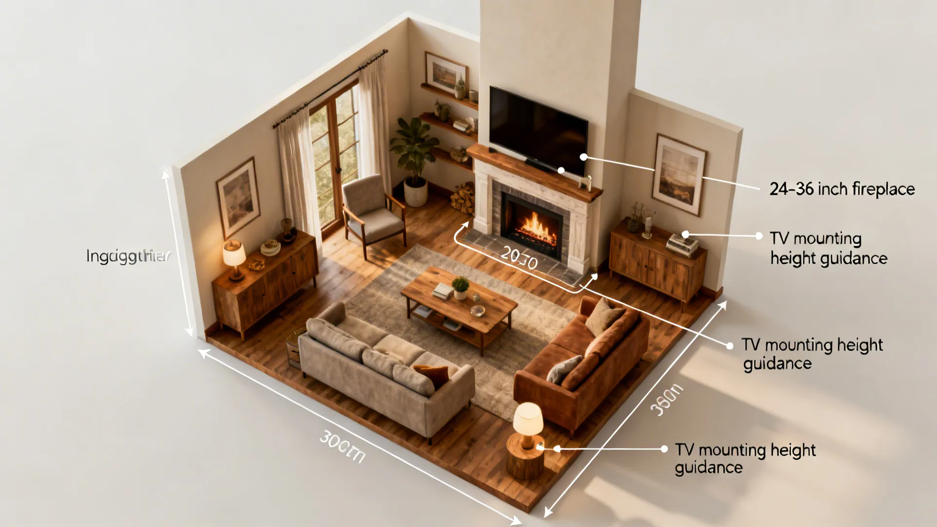 Top-down layout guide showing fireplace proportions and TV/ furniture placement tips for small living rooms.