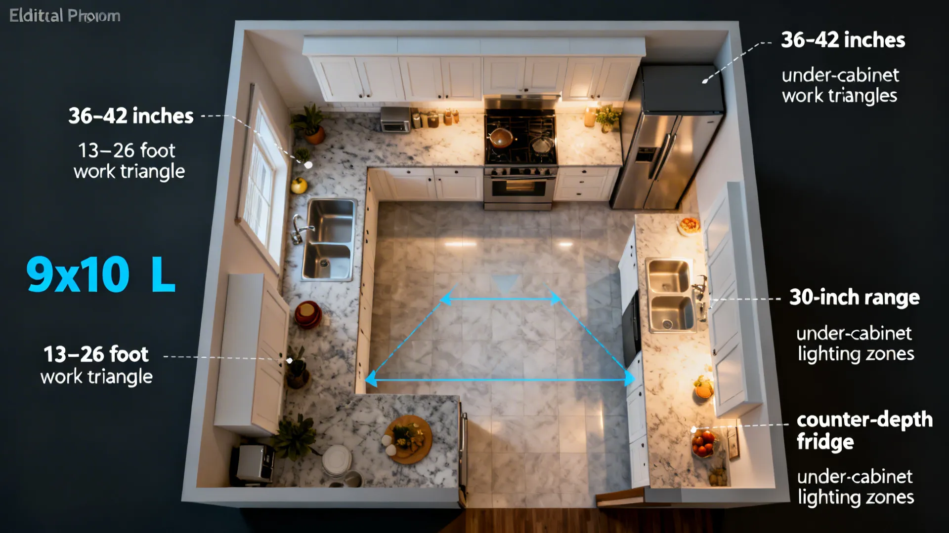 Top-down compact kitchen diagram showing clearances, work triangle, and recommended appliance sizes.