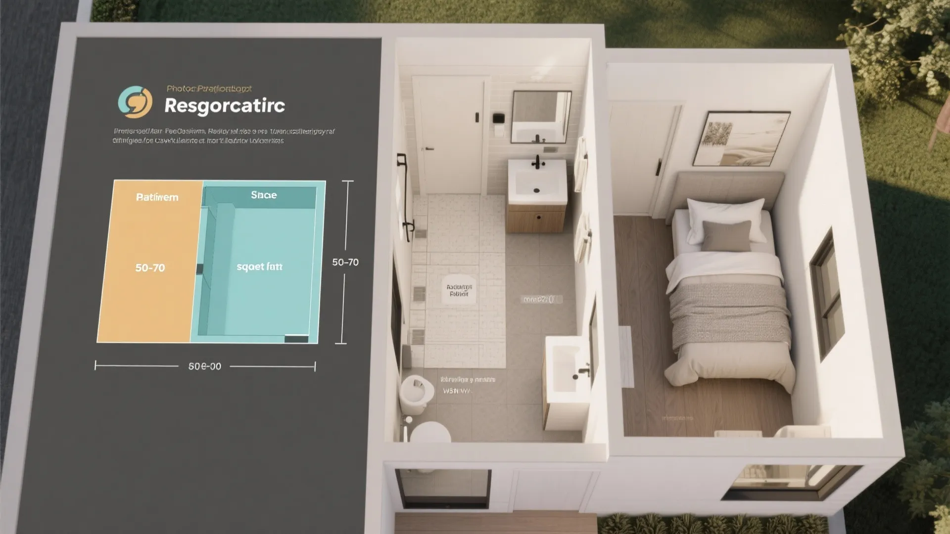 Top-down guide graphic showing recommended bathroom sizes and an accessible main-floor bedroom layout.