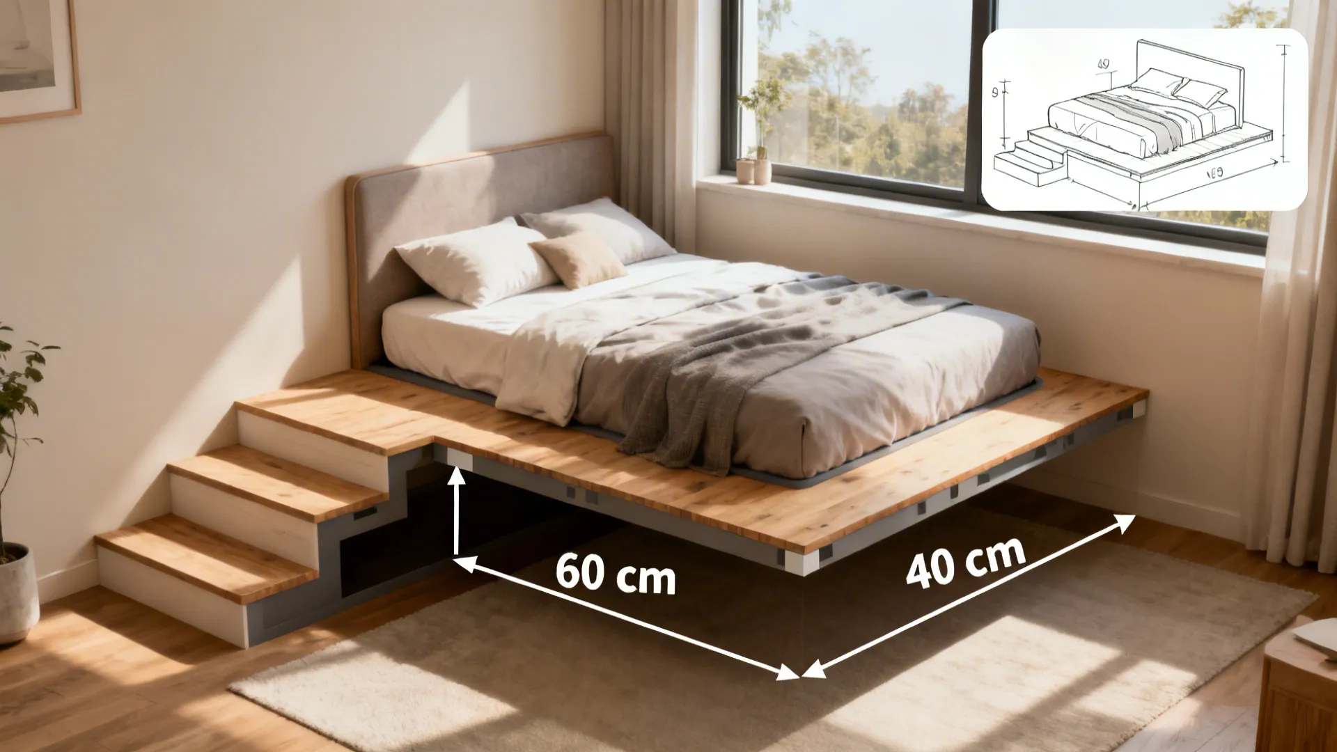 Collage of small bedroom layout icons illustrating bed placement options and clearance measurements.
