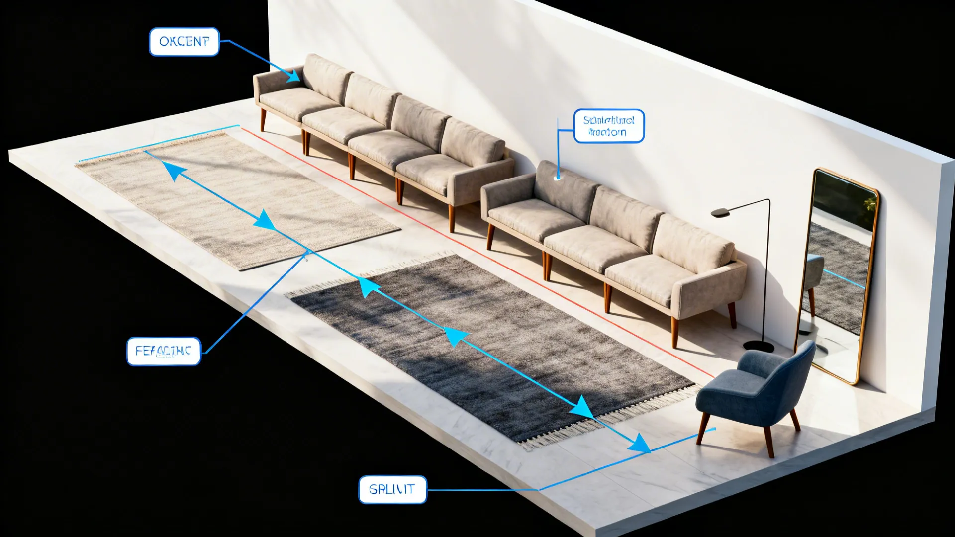 Top-down infographic-style layout showing seating, circulation, and tips for making a great room feel larger.