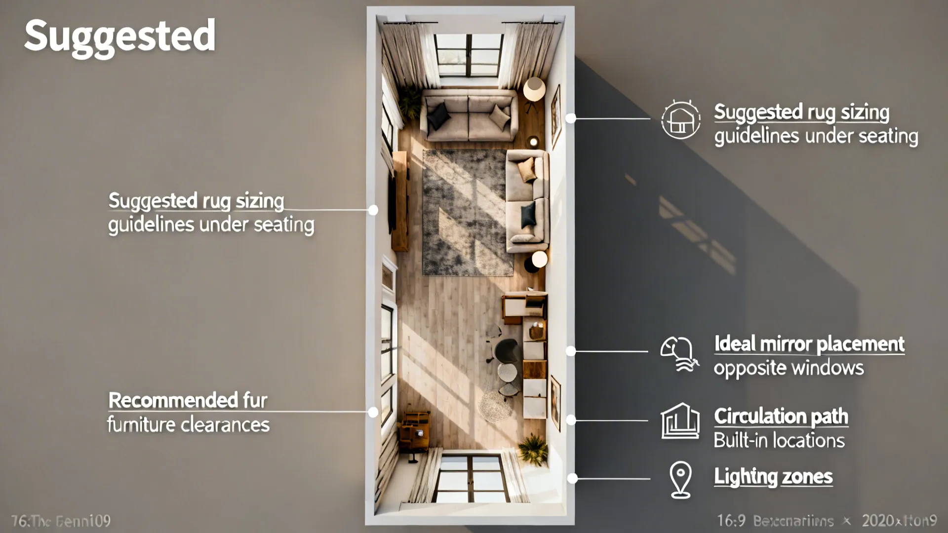 Top-down infographic of a narrow living room showing rug placement, mirror locations, and furniture clearances.
