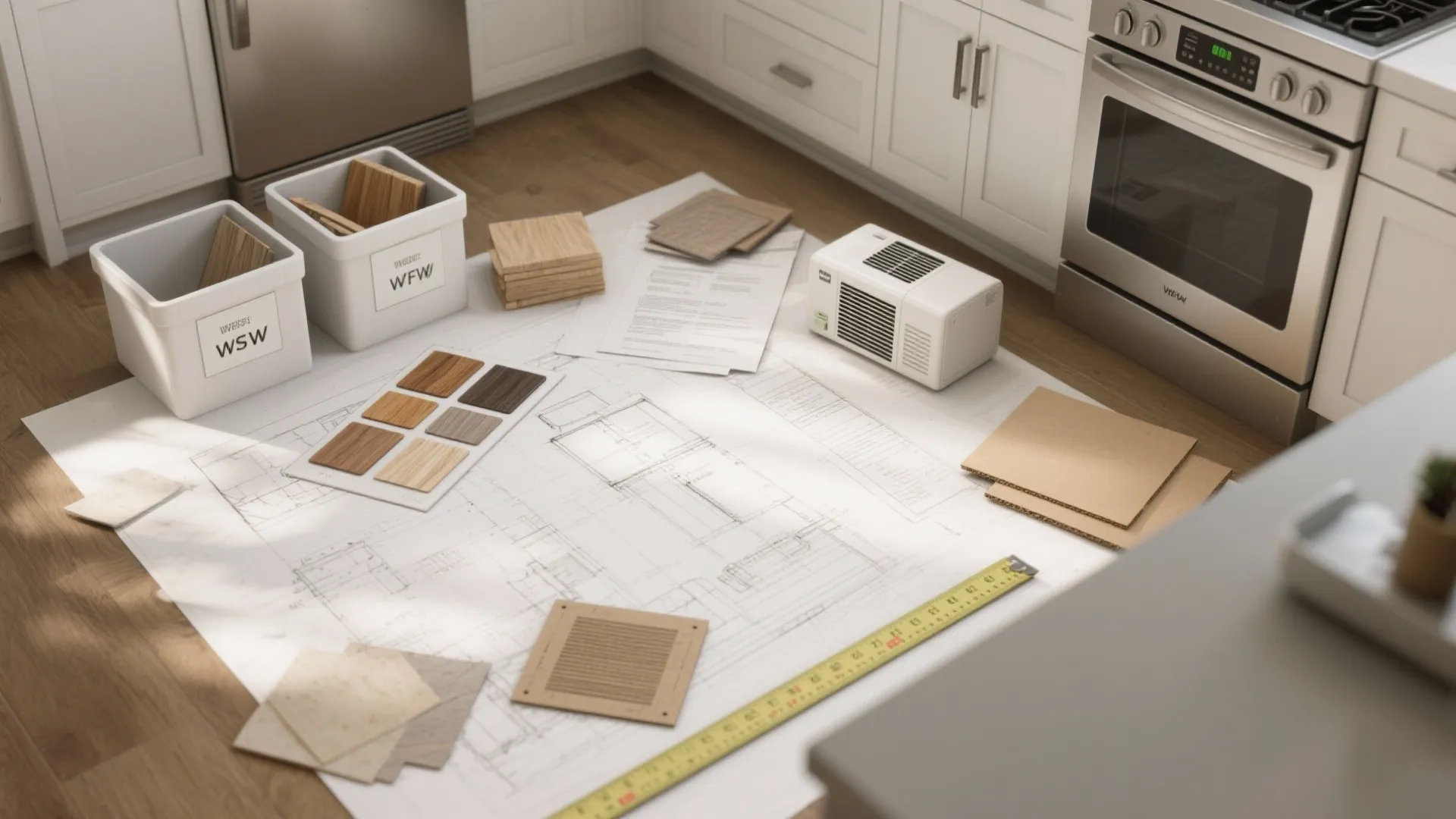 Kitchen floor showing interior design drawing, material samples, measuring tape, and white cabinets with stove