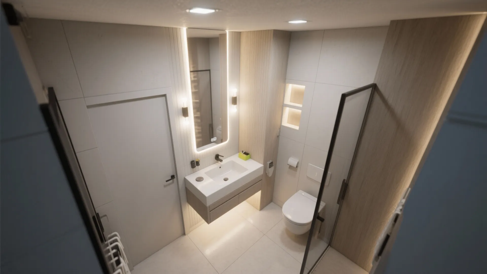 Small bathroom layout with white sink wood cabinet toilet door and bright integrated light fixtures