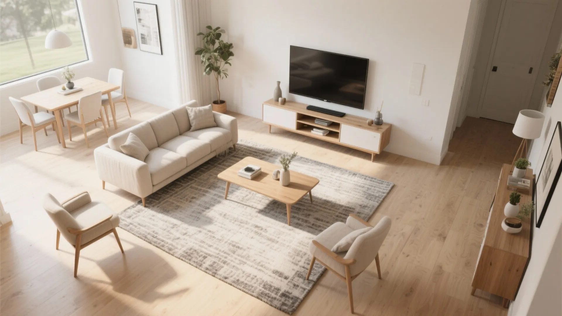 Interior design drawing of open living area with dining table sofa tv cabinet and plants