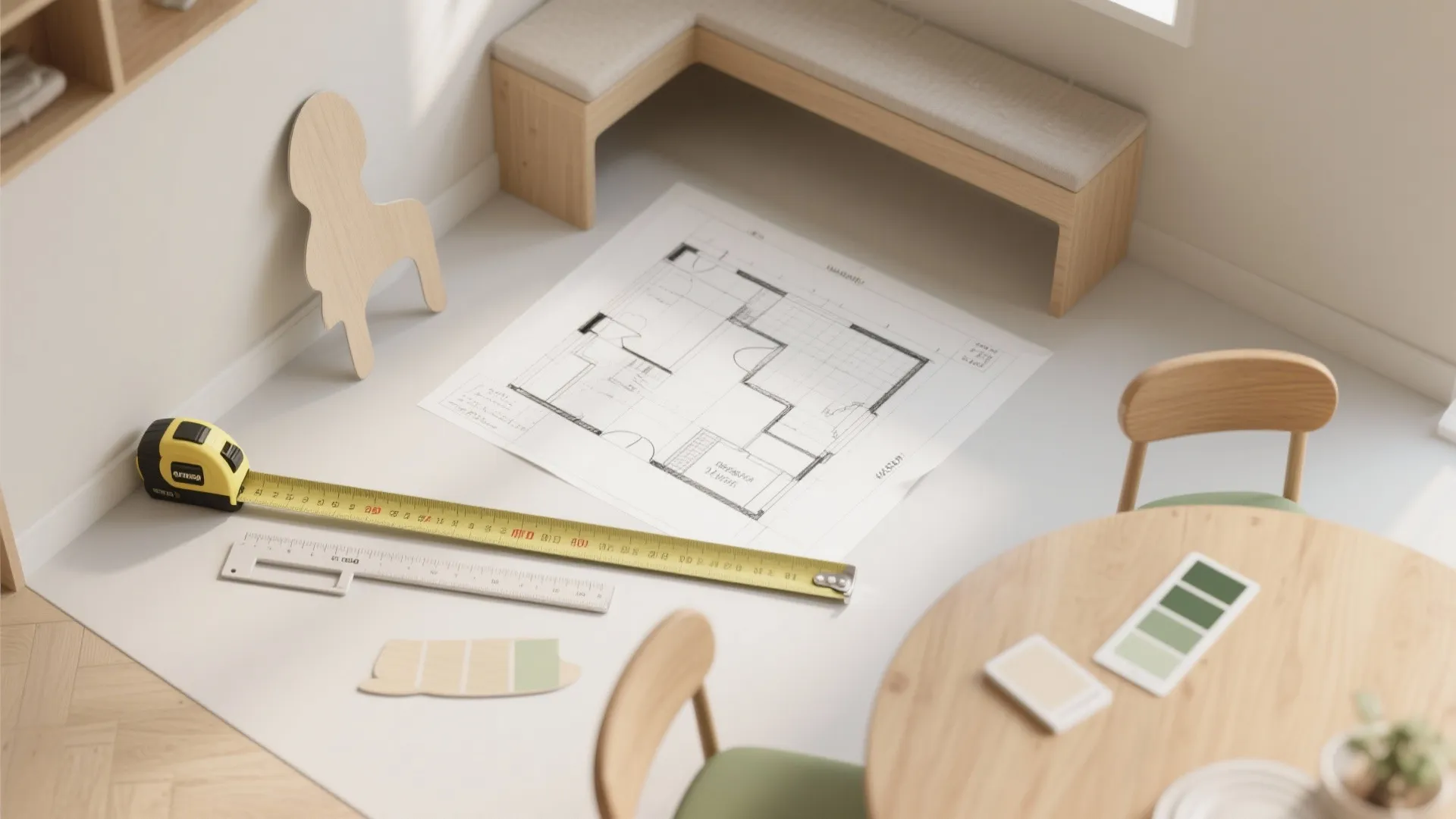 Interior design drawing on floor with yellow measuring tape ruler and green color palette samples
