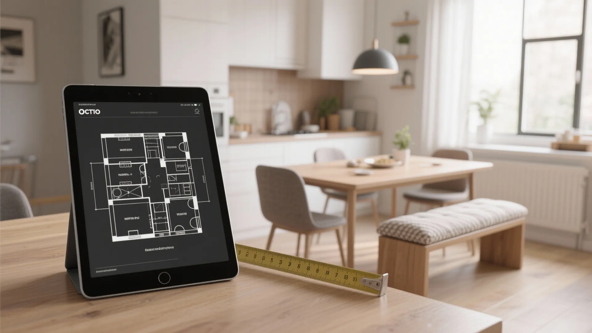 Tablet showing a dining layout planner beside a measuring tape and bench cushion, illustrating how to measure clearances.