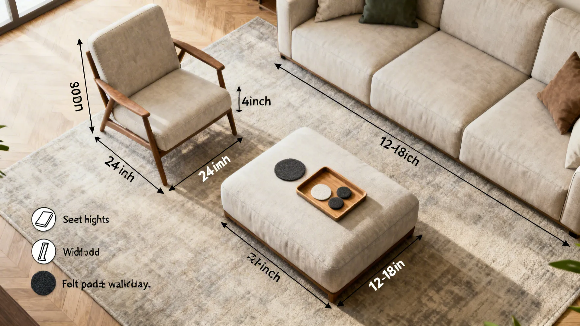 Top-down floorplan showing chair and ottoman clearance recommendations and measurement icons