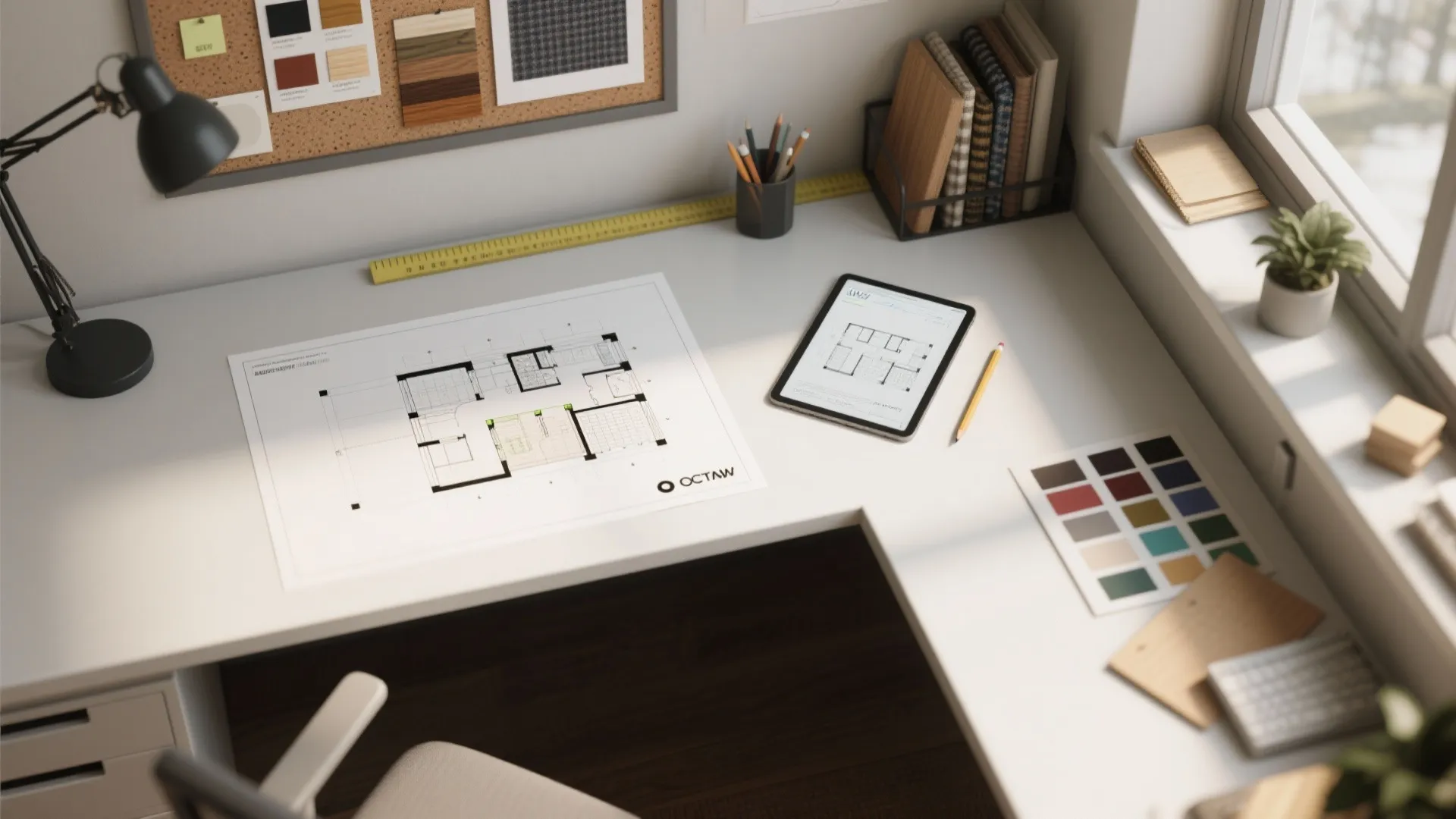 Work desk showing a printed room layout tablet color samples lamp and various office supplies