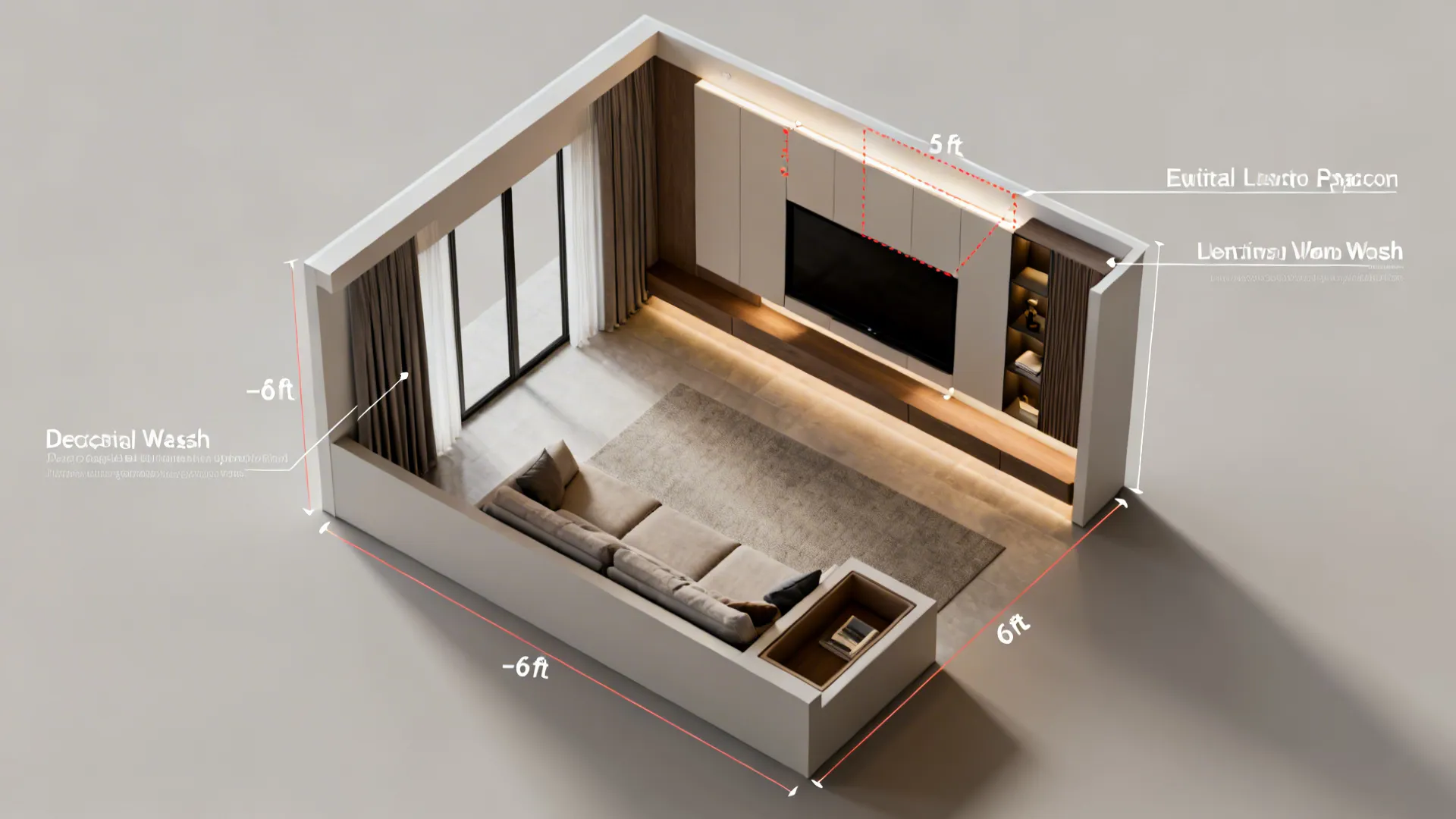 Top-down room mockup illustrating recessed spacing, seating pockets, perimeter wash and TV no-go zones.