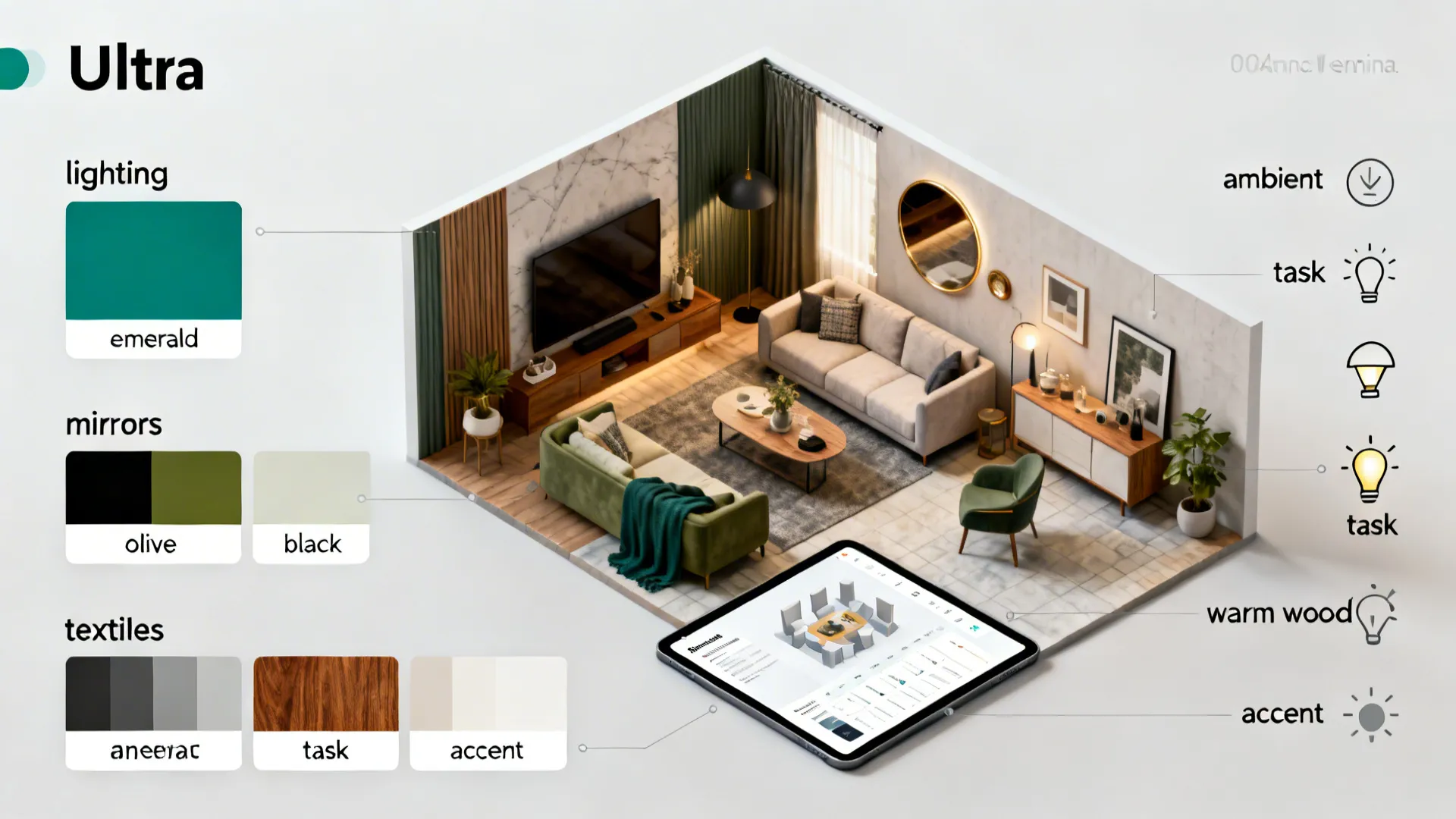 Top-down mockup of small living room layout with color swatches and lighting icons to illustrate FAQs.