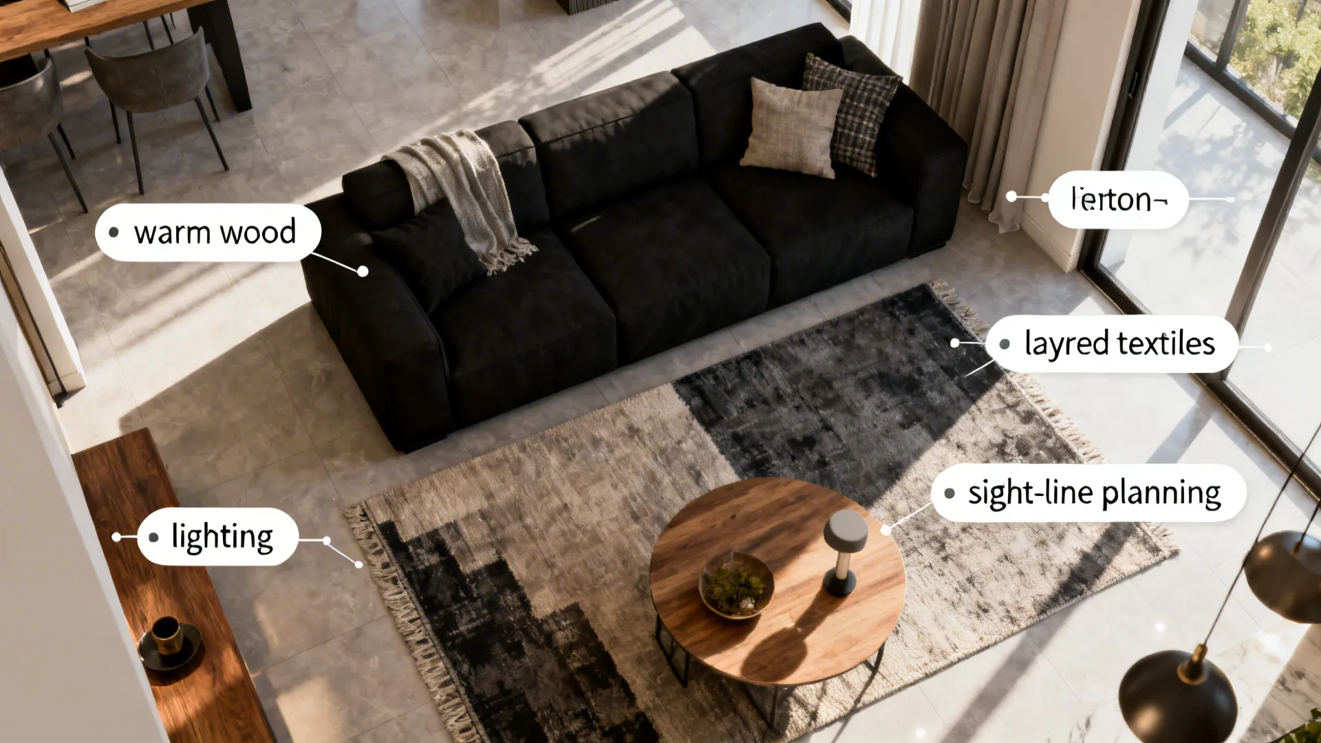 Top-down layout mockup showing a black sofa zone, rugs and sight-line planning tips.