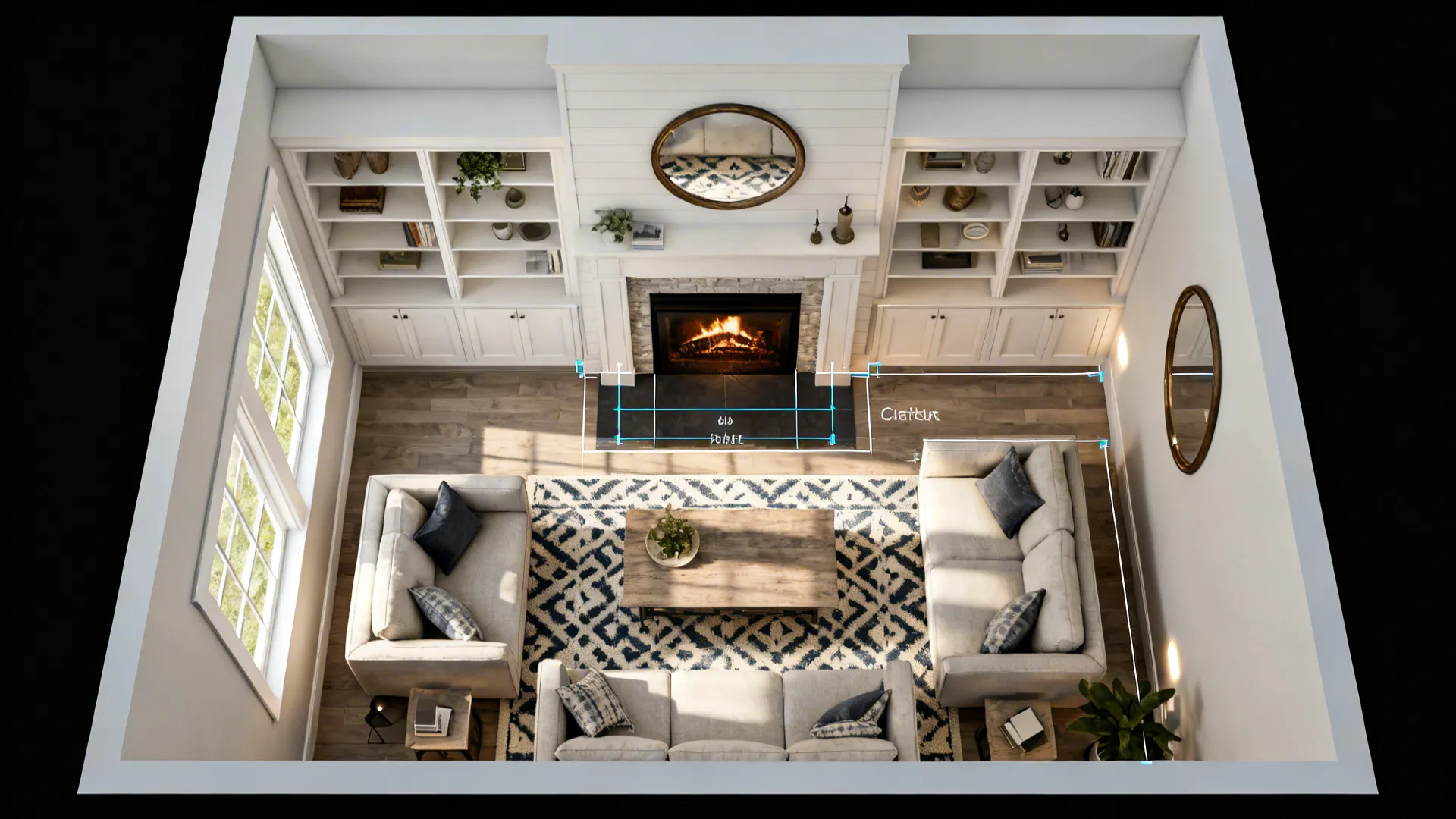 Top view interior design drawing showing living room layout with fireplace, sofas, rug, and bookshelves