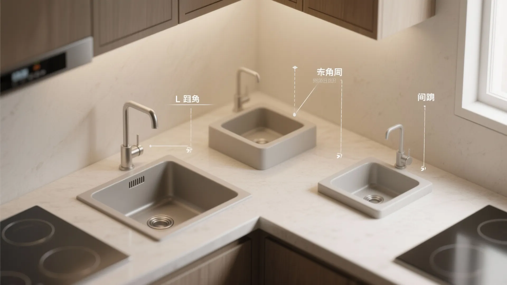 Small 3D model vignette showing different corner sink layout options for quick comparison.