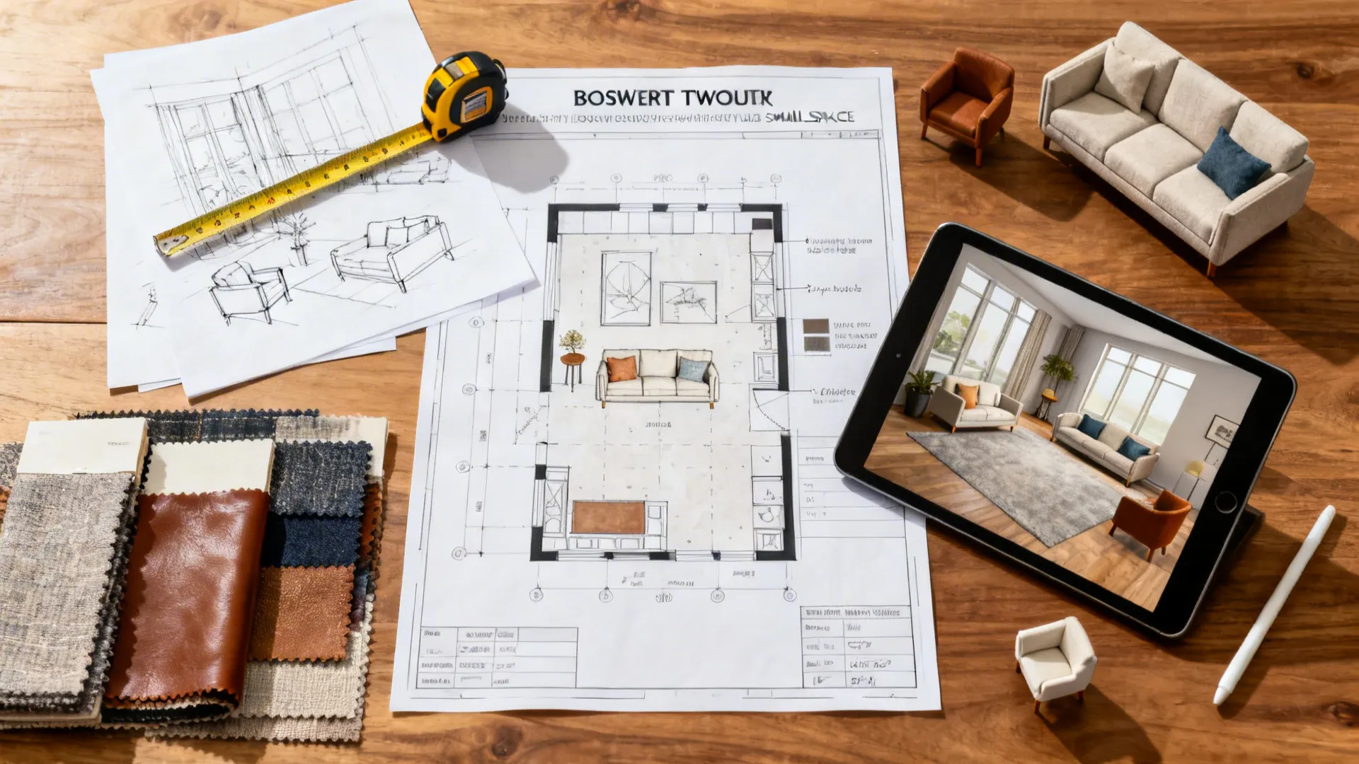 Top-down layout moodboard with sketches, tape measure, fabric swatches, and 3D planner tablet.