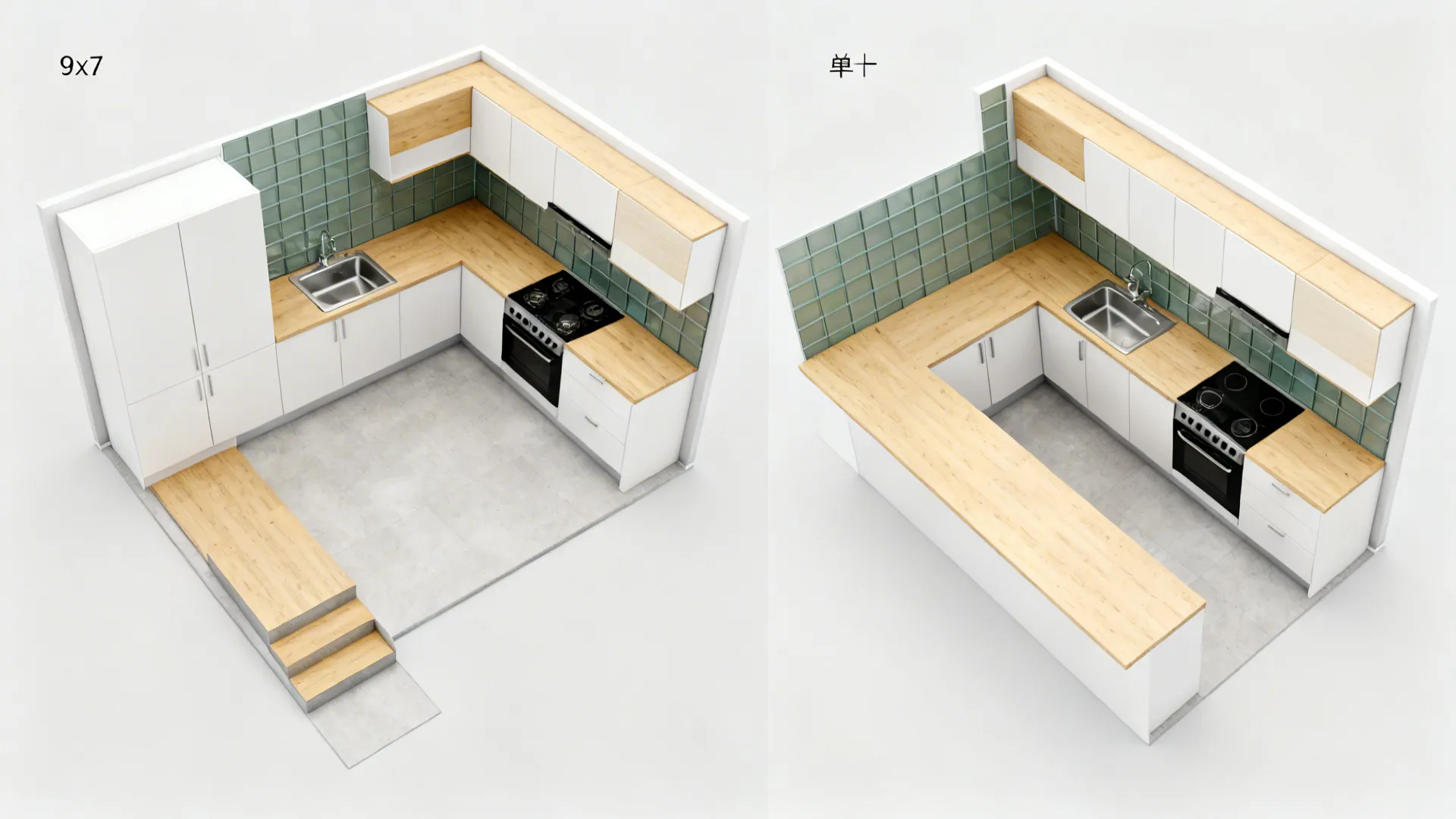 Interior design drawing comparing two different kitchen room layout options with white cabinets and wood countertops