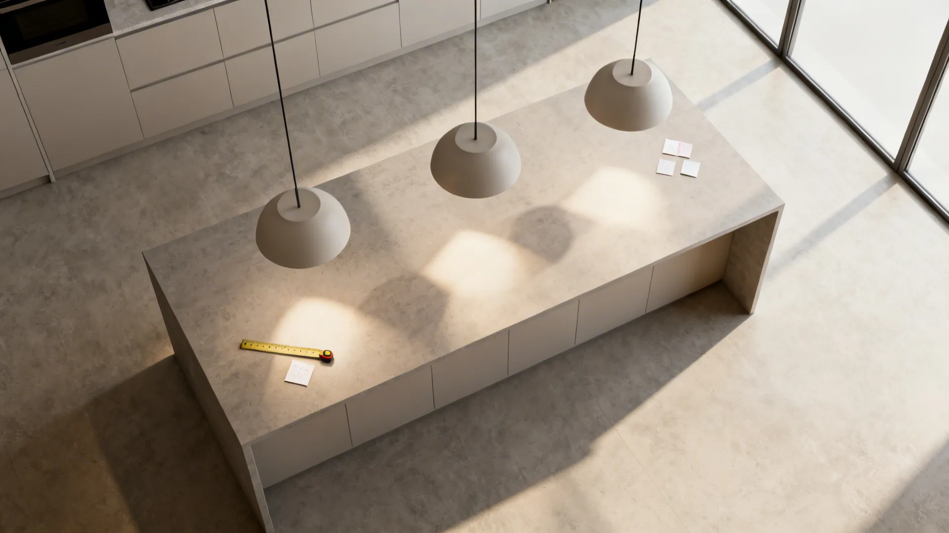 Top view of kitchen island with three grey ceiling lights and yellow tape measure tool