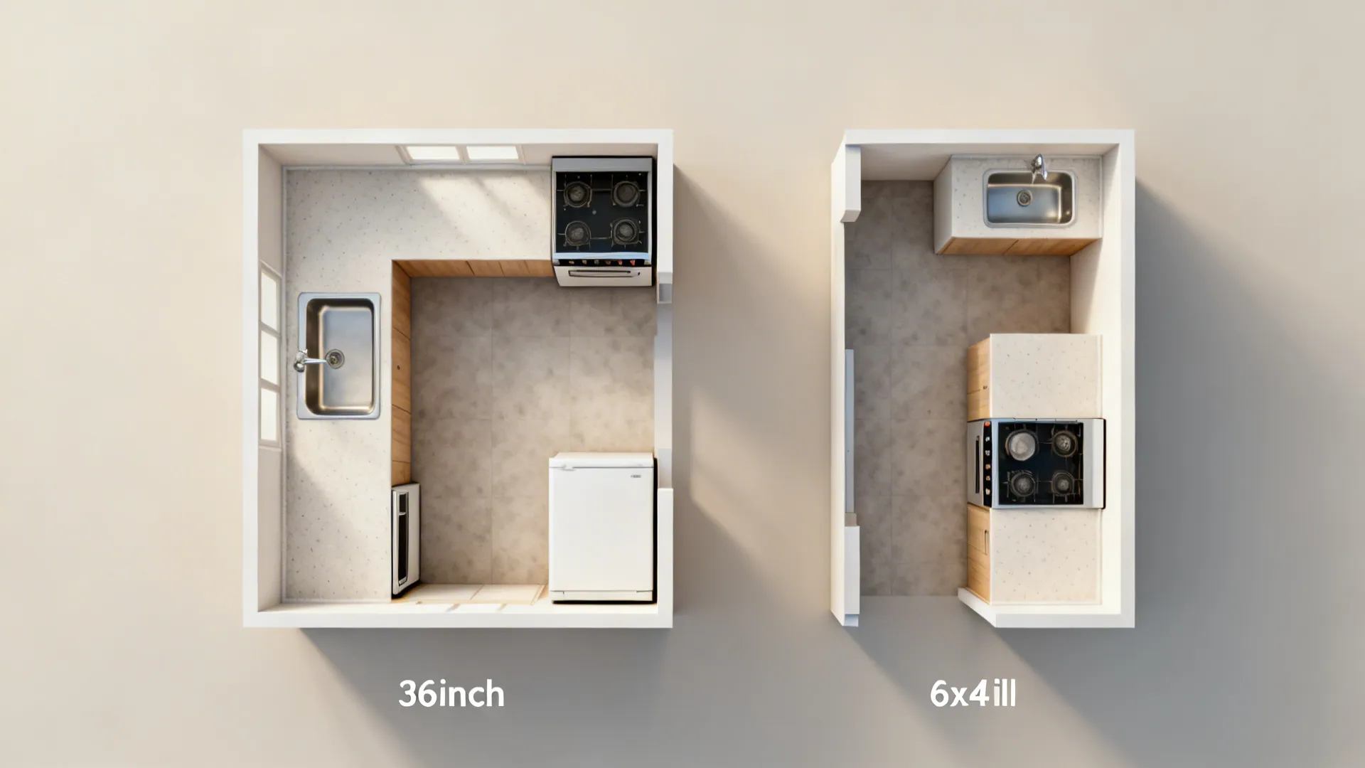 Top-down comparison of L-shaped and one-wall micro-kitchen layouts for 6x4 spaces.