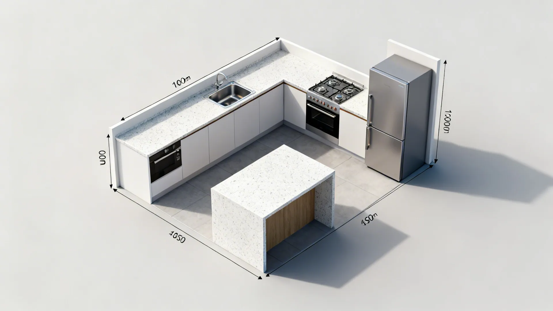Top-down vignettes of galley and L-shaped layouts with clear aisles and two-zone placement