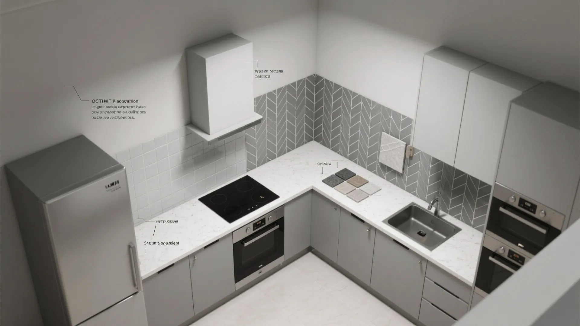 Top-down kitchen planner mockup showing zones and recommended gray backsplash options.