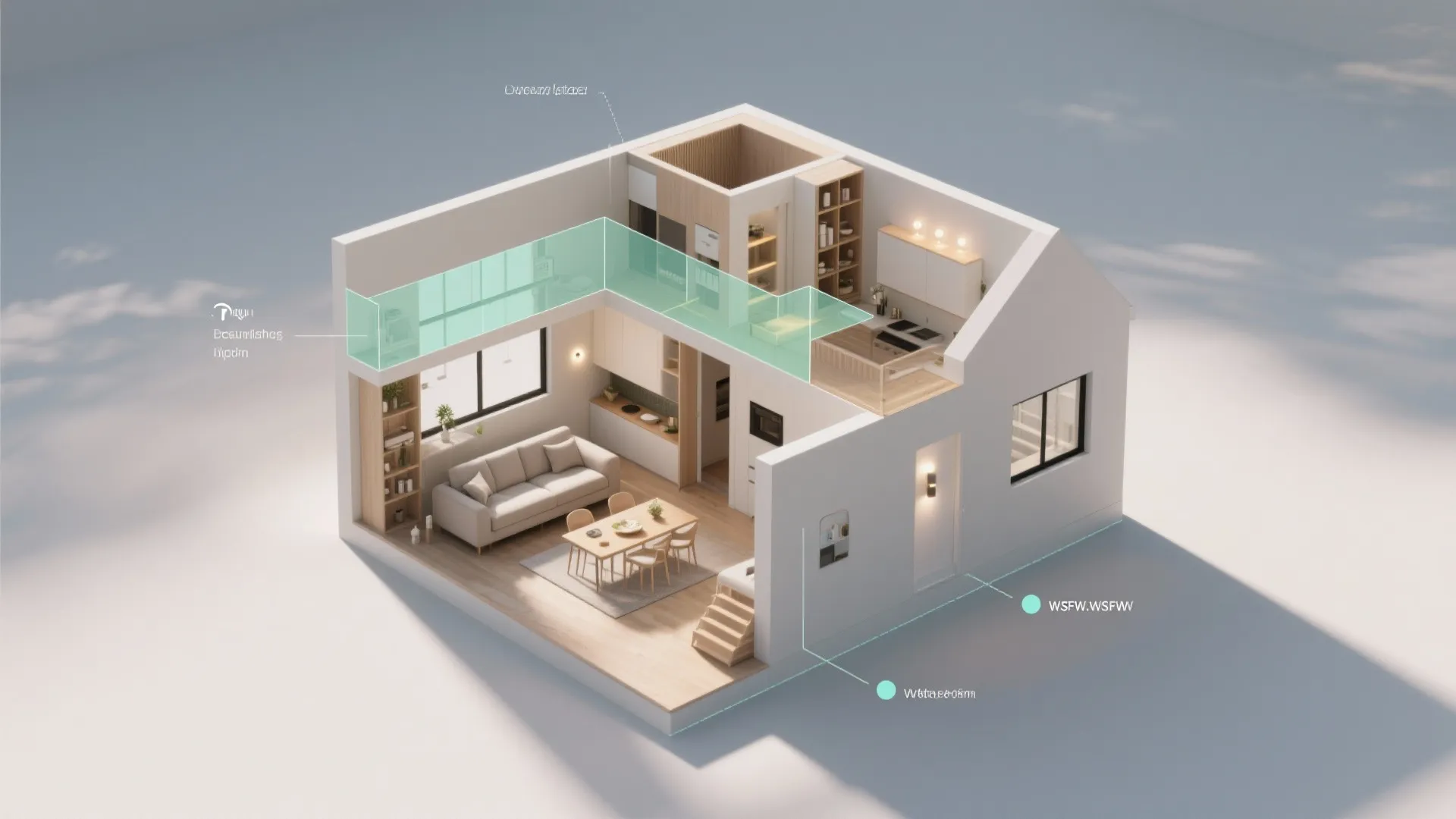 Schematic overview of a small home's layout highlighting sightlines, storage and lighting zones