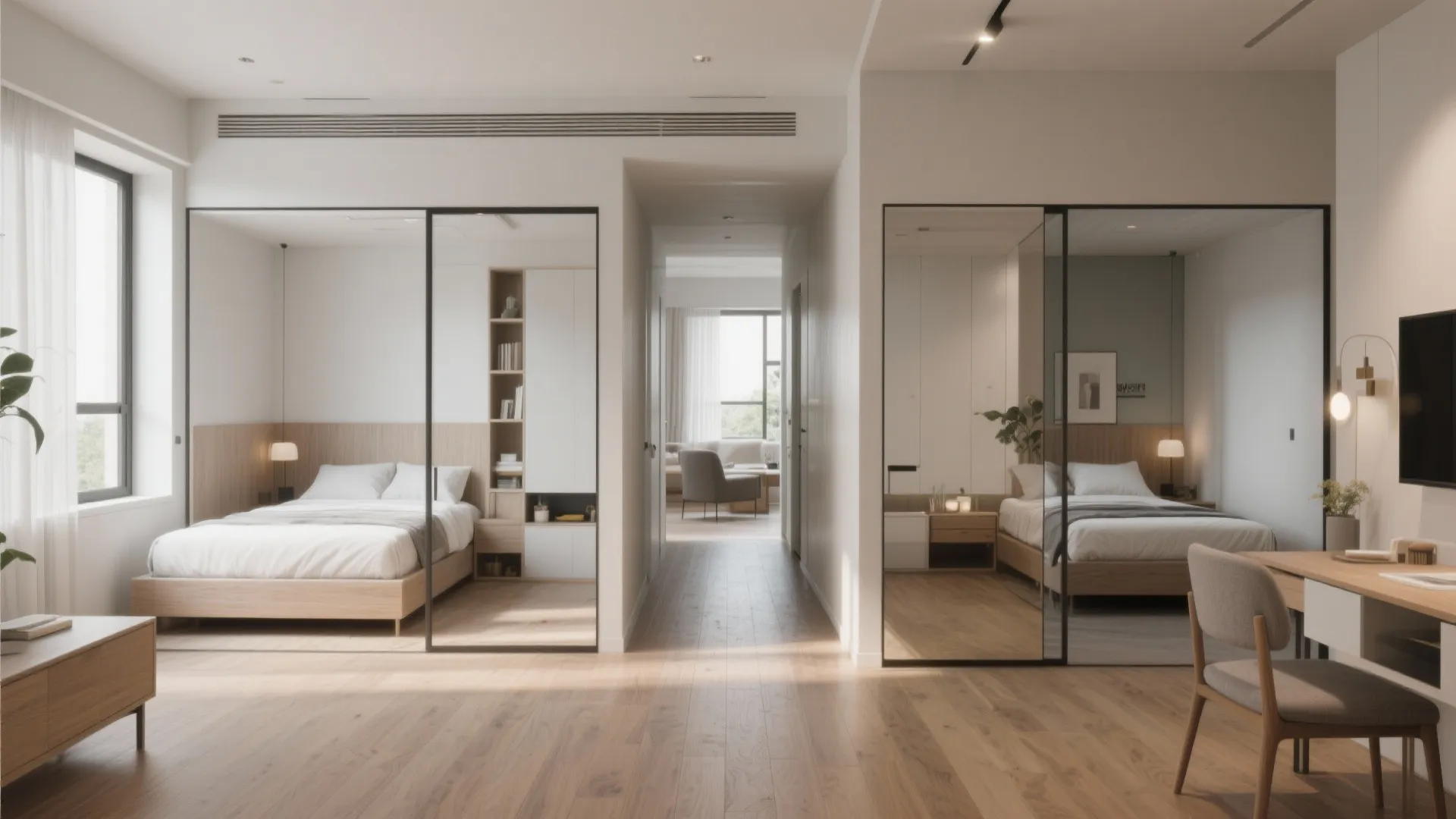 Overview of a two-bedroom modern home with private bedroom wings and open social corridor.