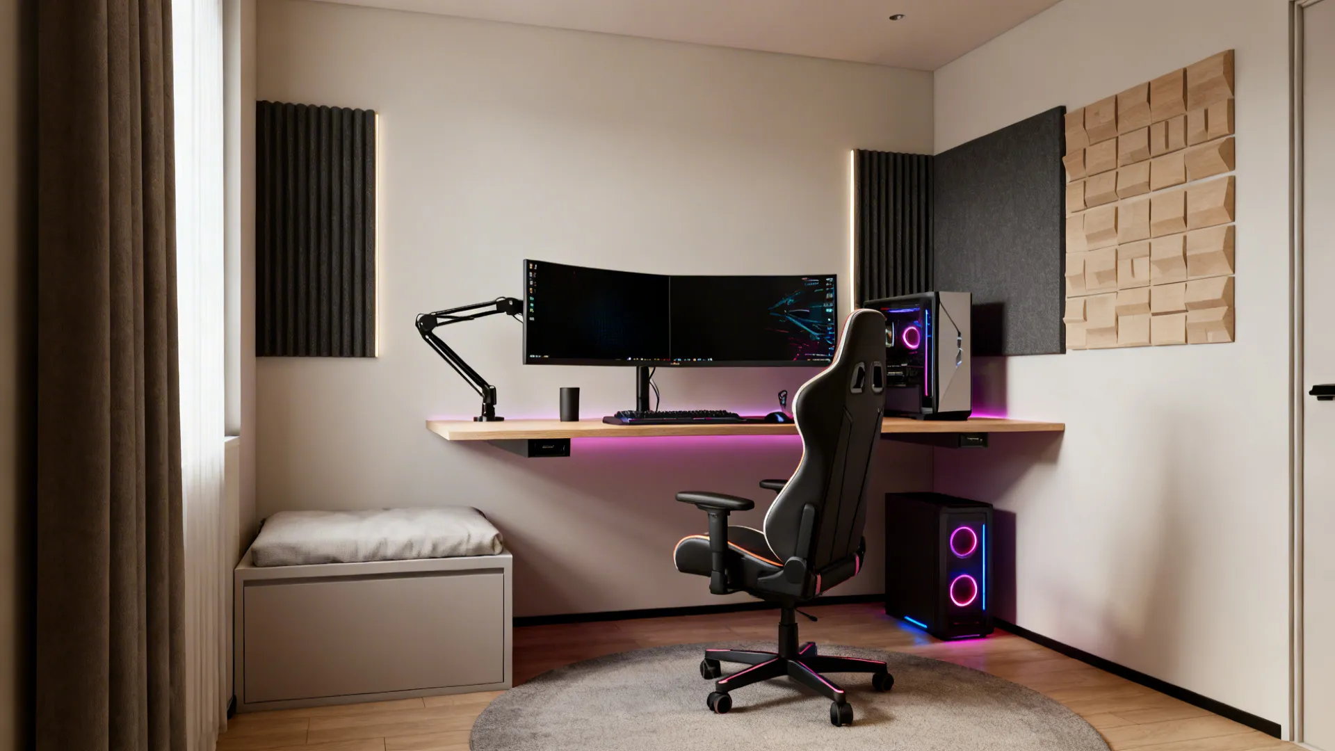 Overview of small-room gaming layout options showing desk, monitors, chair, acoustic panels and storage.