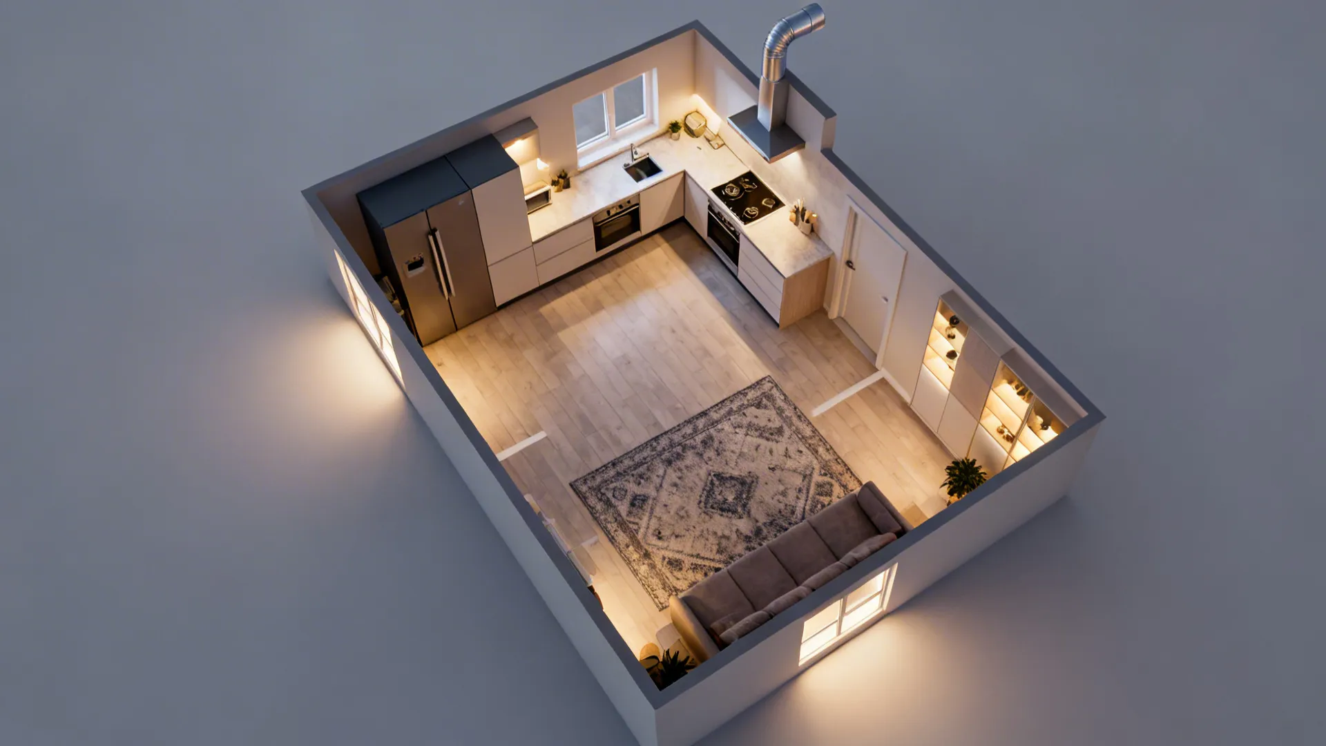 Top-down overview of a small open-plan layout with peninsula, aisle widths, landing zones, and lighting layers.