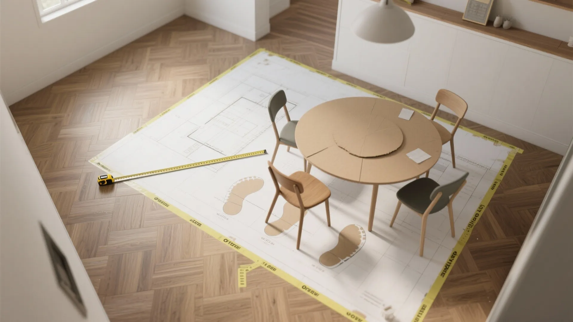 Top-down mockup with painter's tape and measurements testing a dining table footprint in a small room.