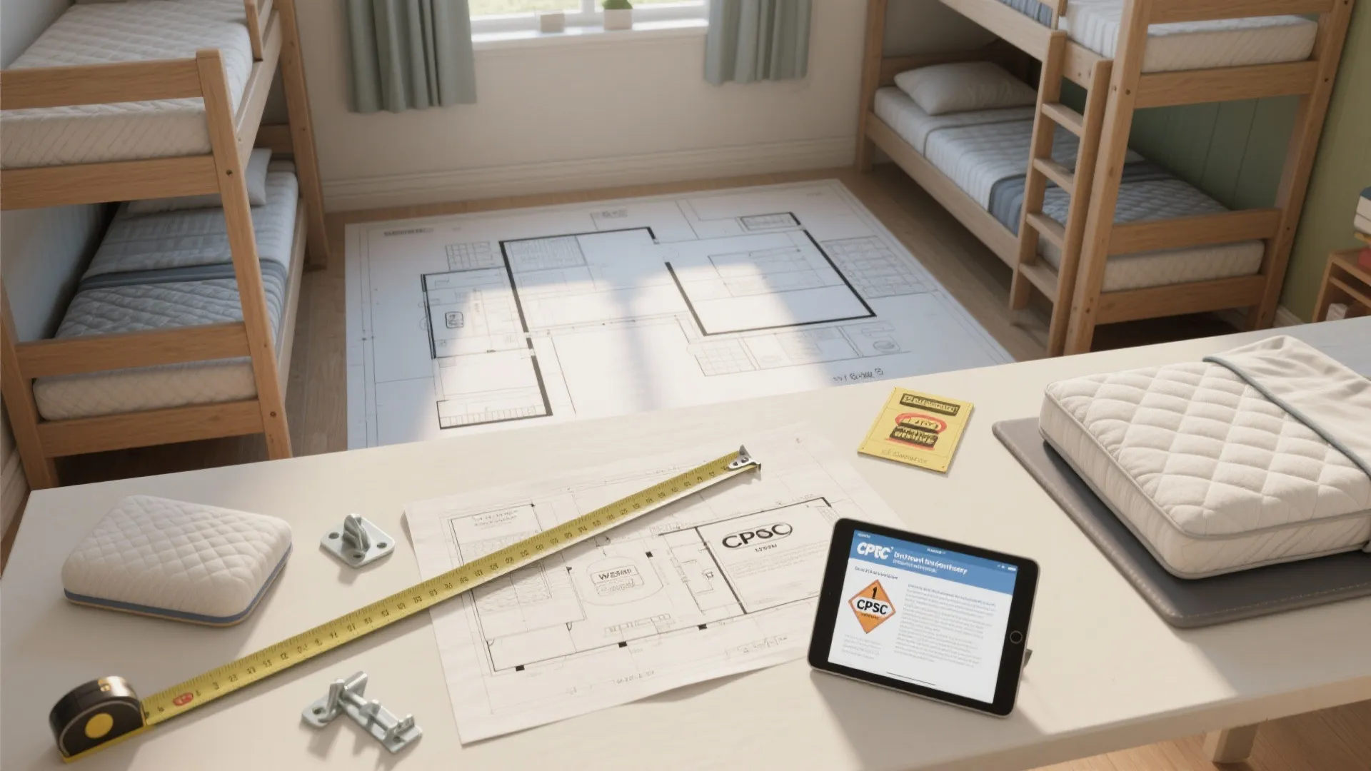 Top-down view of a scaled floor plan, measuring tools, mattress sample, and safety hardware for planning a bunk-bed layout.