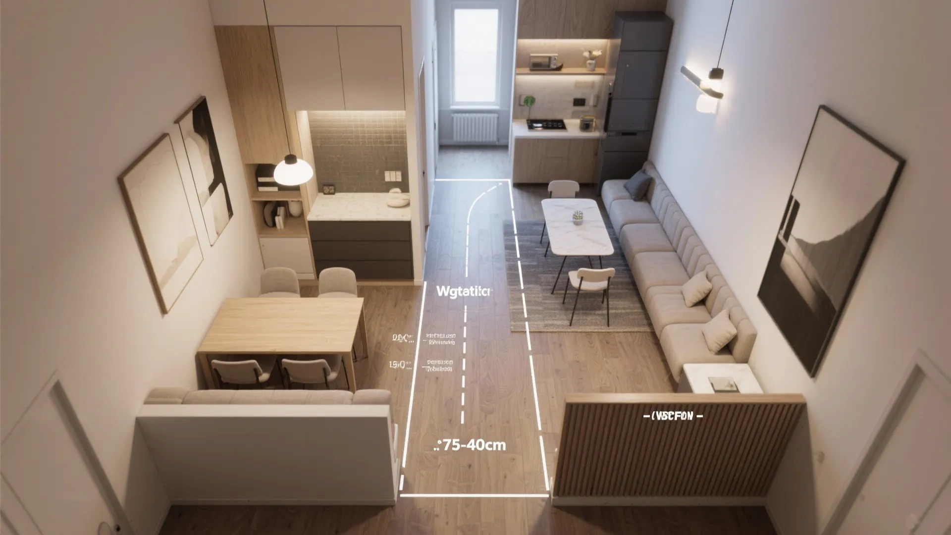 Top view of a modern apartment layout showing kitchen dining area sofa and walkway dimensions