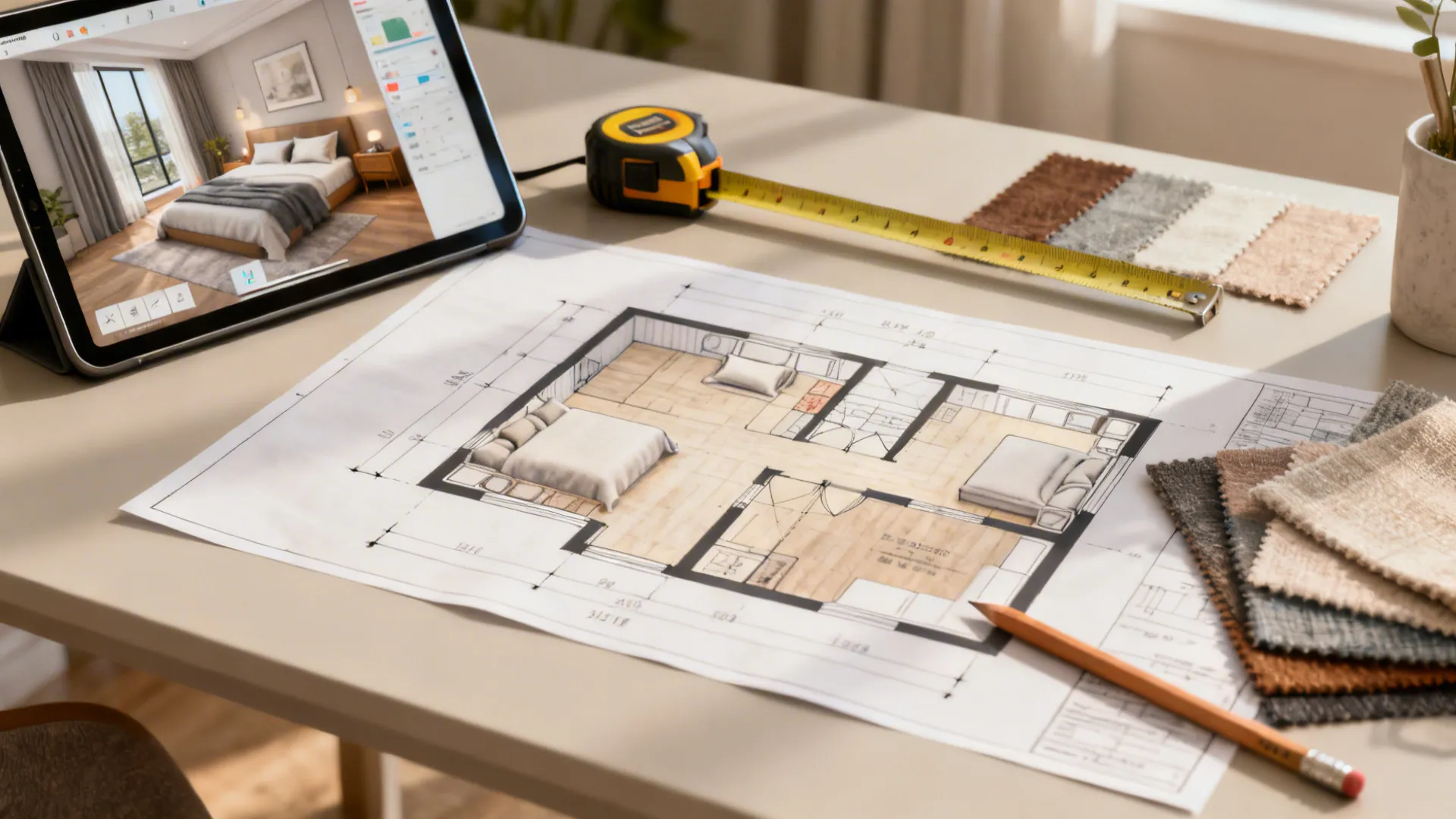 Tabletop scene with a shared bedroom floor plan, fabric samples, and a tablet showing a 3D planner