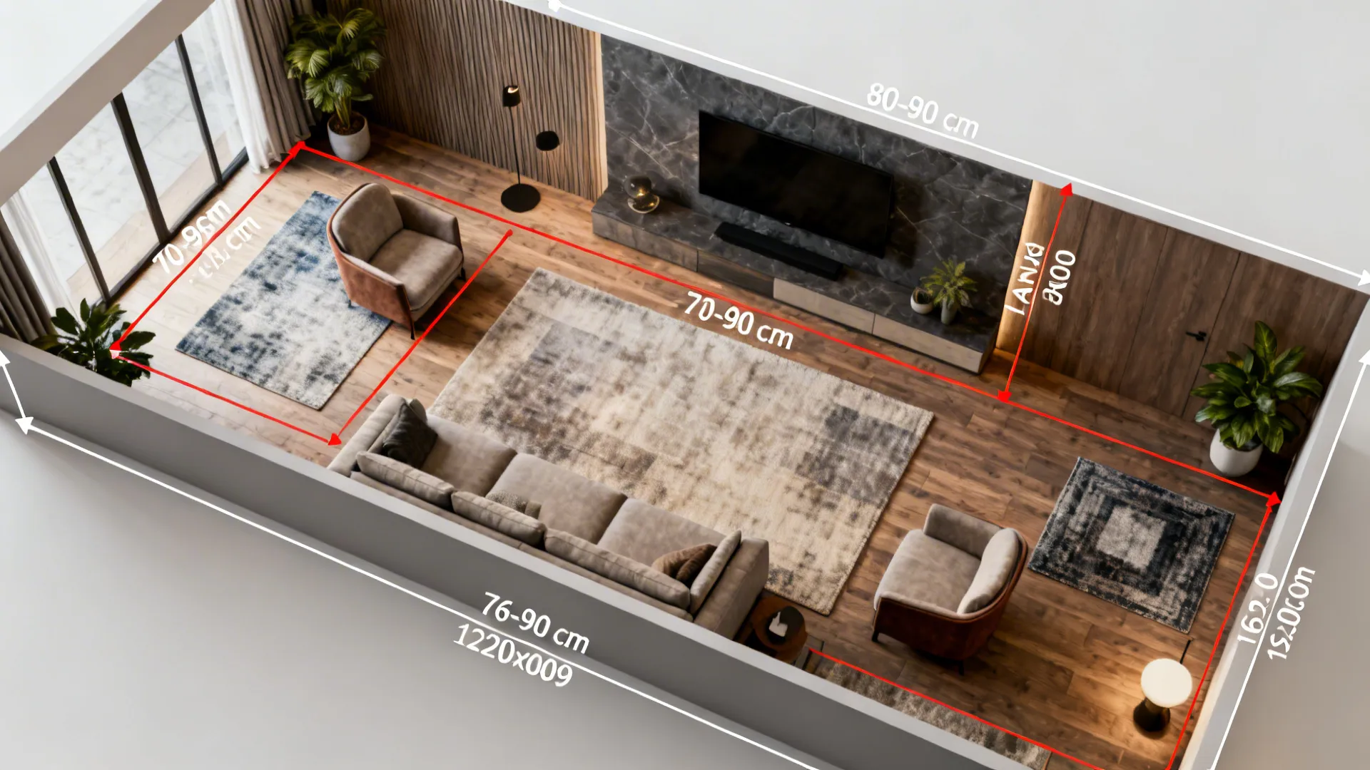 Top-down plan of a narrow living room with suggested clearances, rug placement, and seating zones.