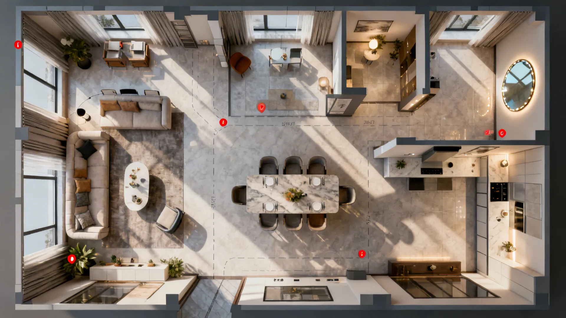 Top-down planner-style layout showing furniture placement, zones, and circulation paths in an open-plan room