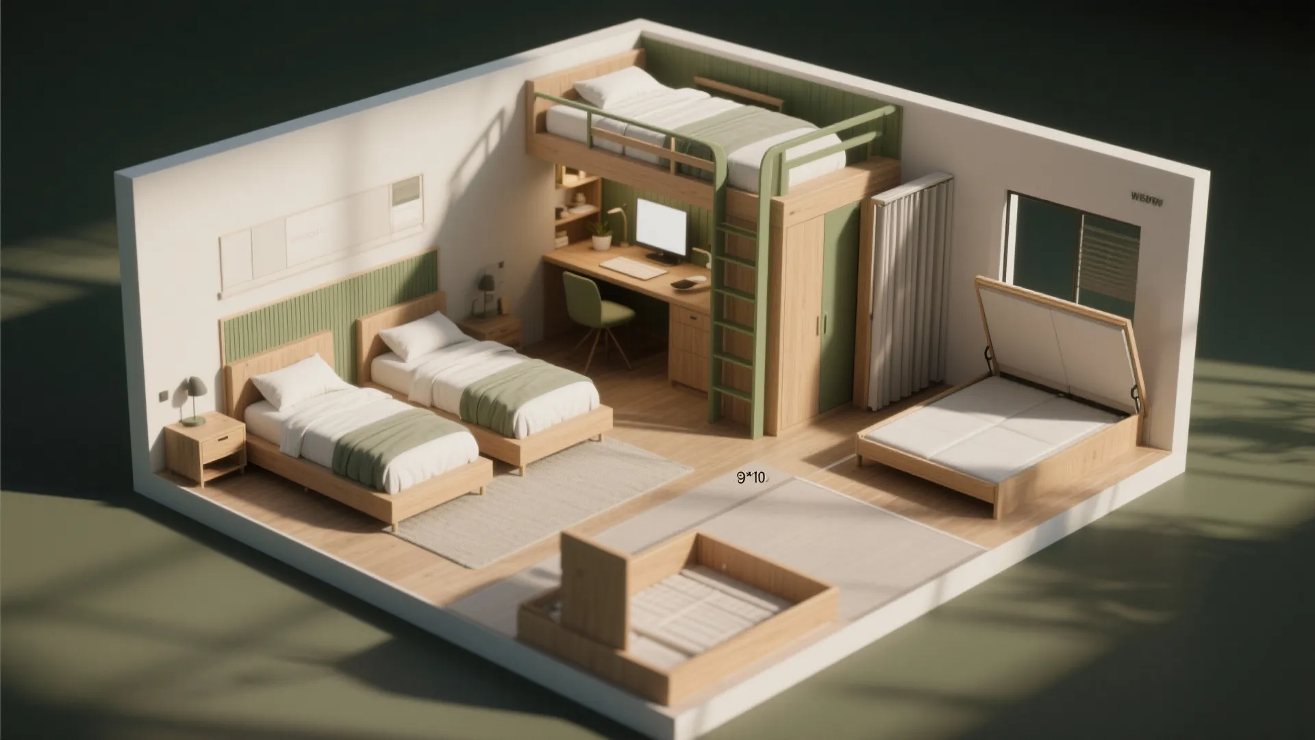 Interior design drawing showing a bedroom layout with multiple beds a desk and green accents