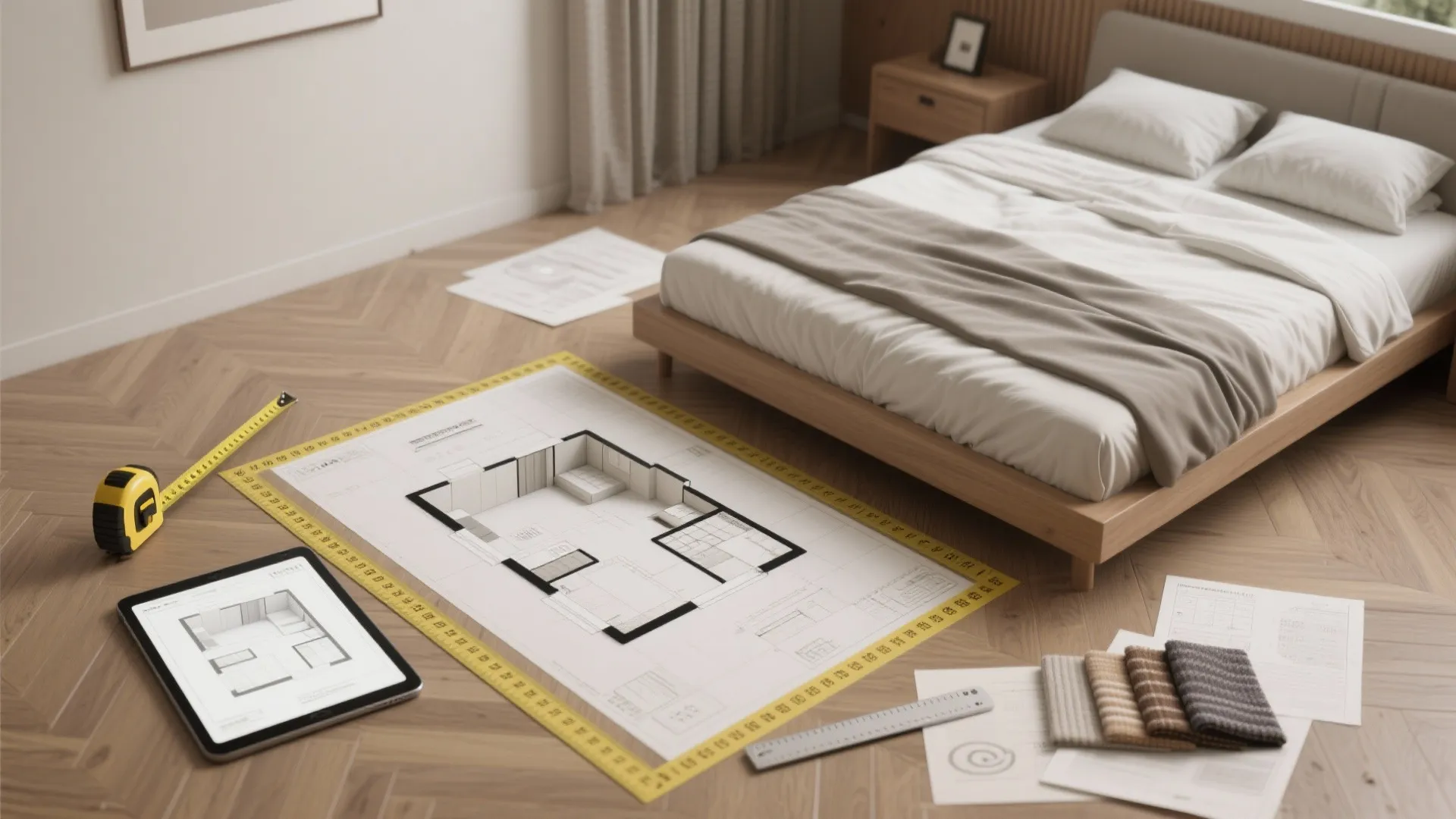 Floor plan drawing and tablet showing room layout on wooden floor next to a bed