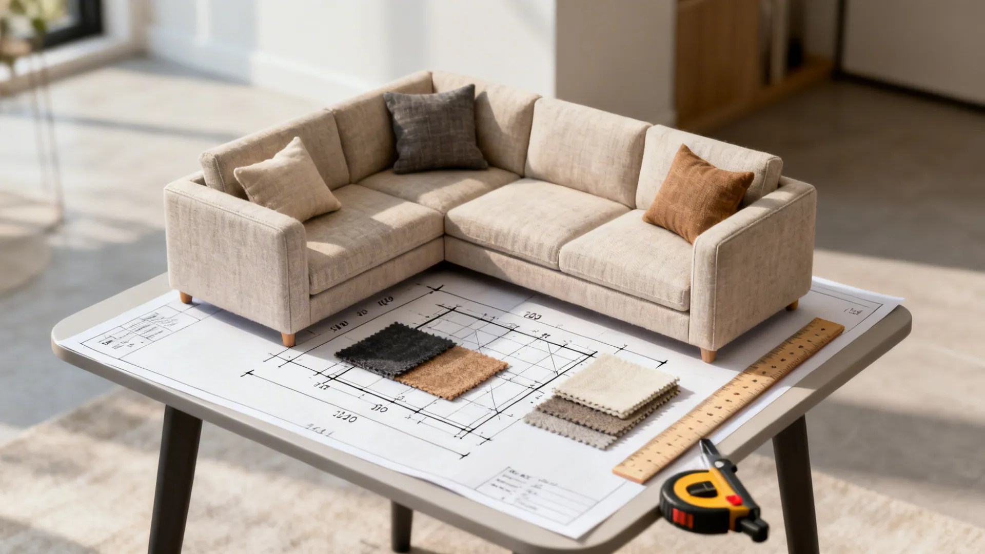 Workspace with measurement tools and a scale mockup for planning L-shaped sofa layouts.
