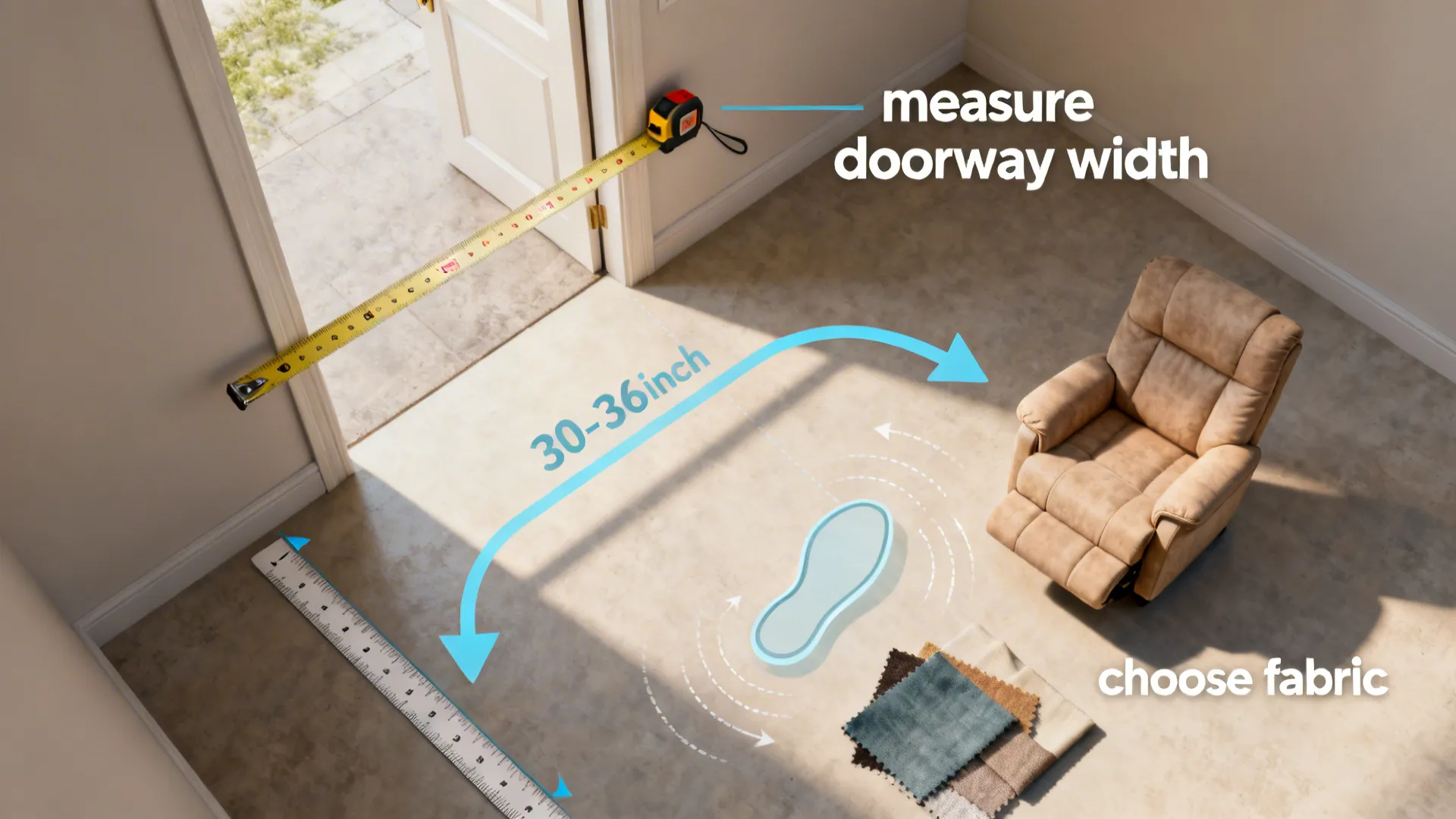 Top-down layout process showing measurement steps and circulation paths for fitting a recliner.