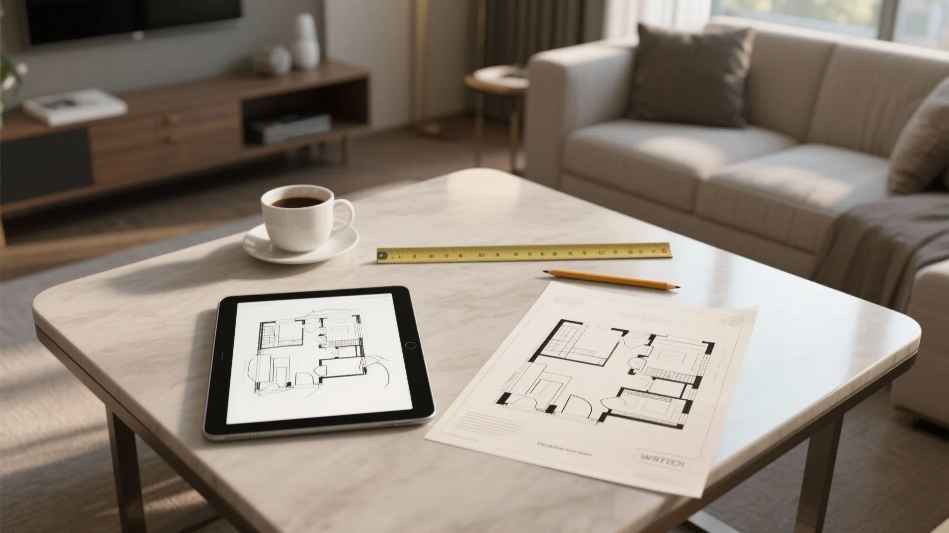Designer tablet and printed floor plan showing quick suite layout sketches on a table