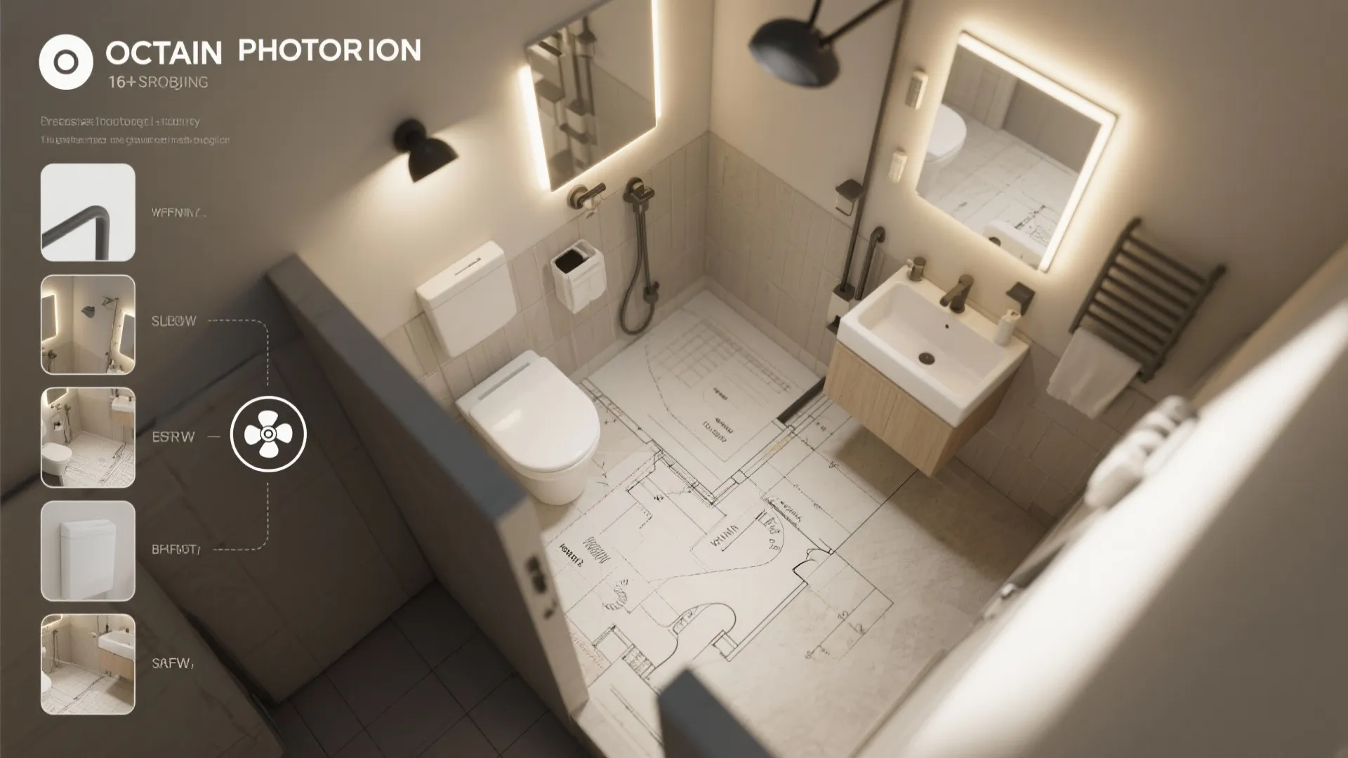 Modern bathroom interior design drawing with toilet sink and floor plan showing the room layout