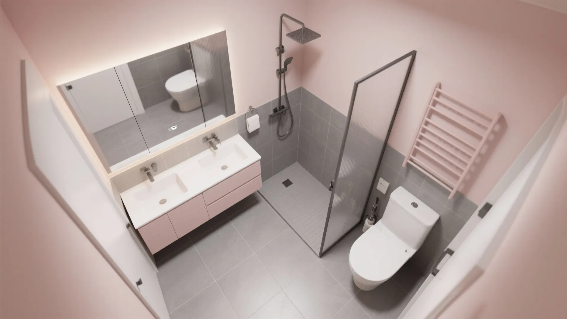 Top view of small bathroom layout featuring pink cabinet shower area toilet and grey tiles