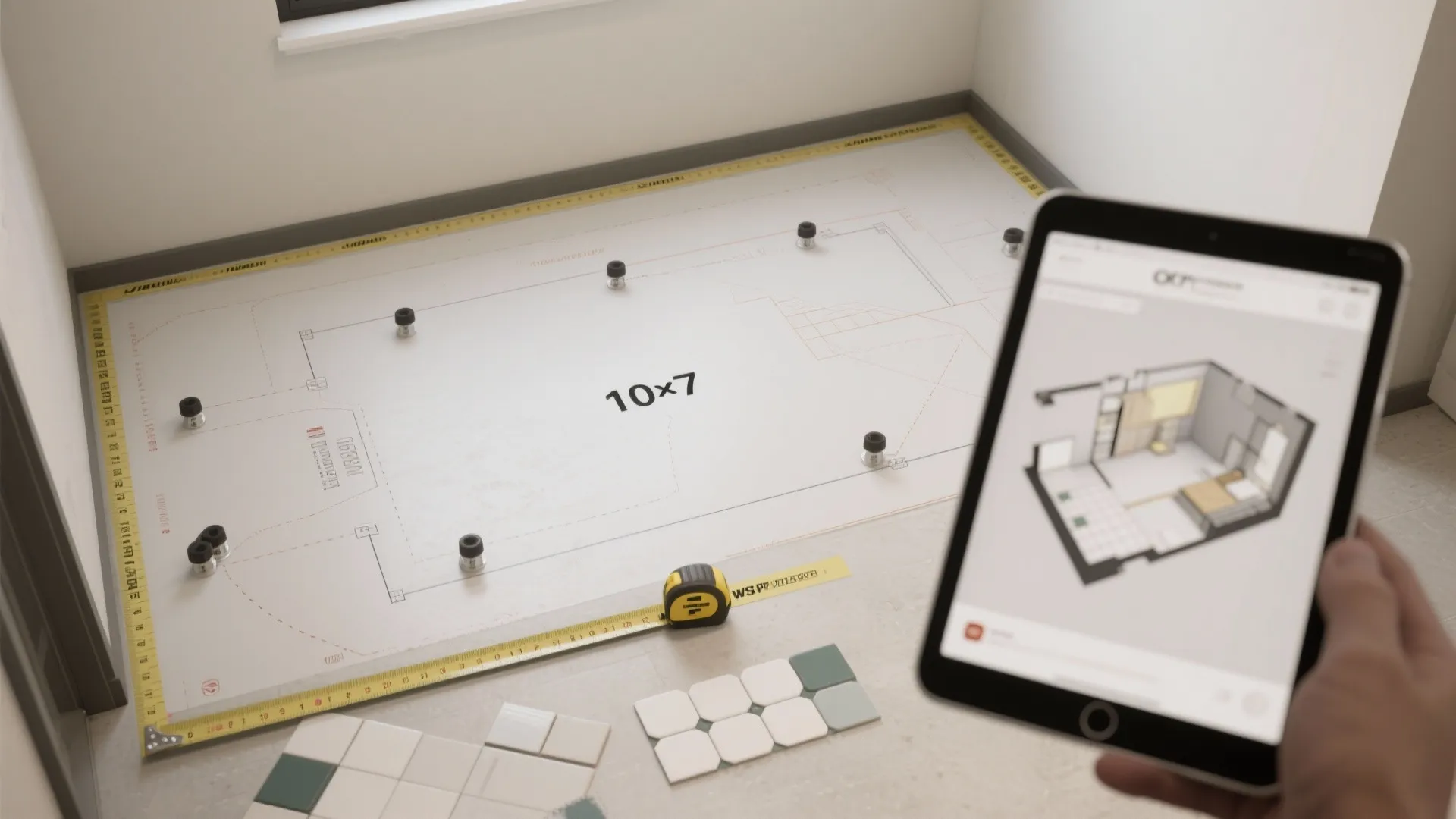 Top-down mockup of a taped full-scale 10x7 floor layout with a tablet showing a 3D preview