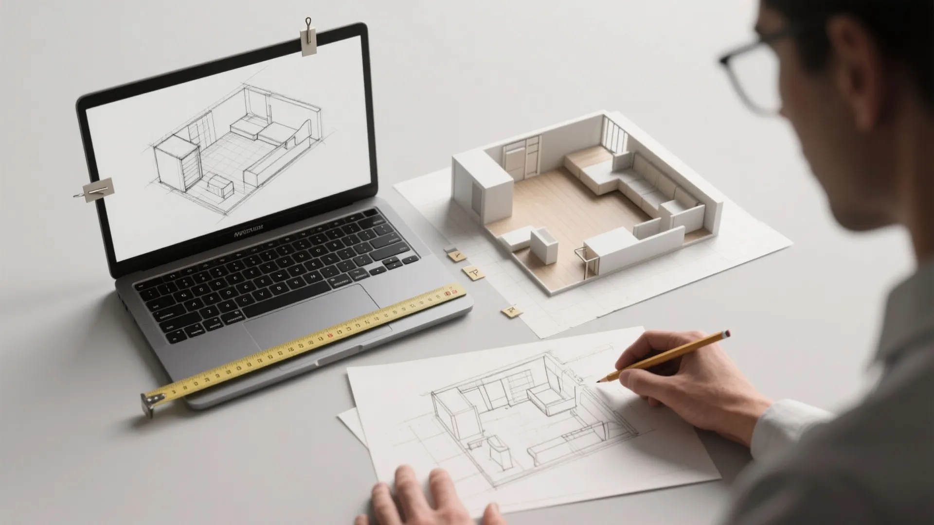 Designer drawing interior design plan on paper with laptop and small white room model nearby
