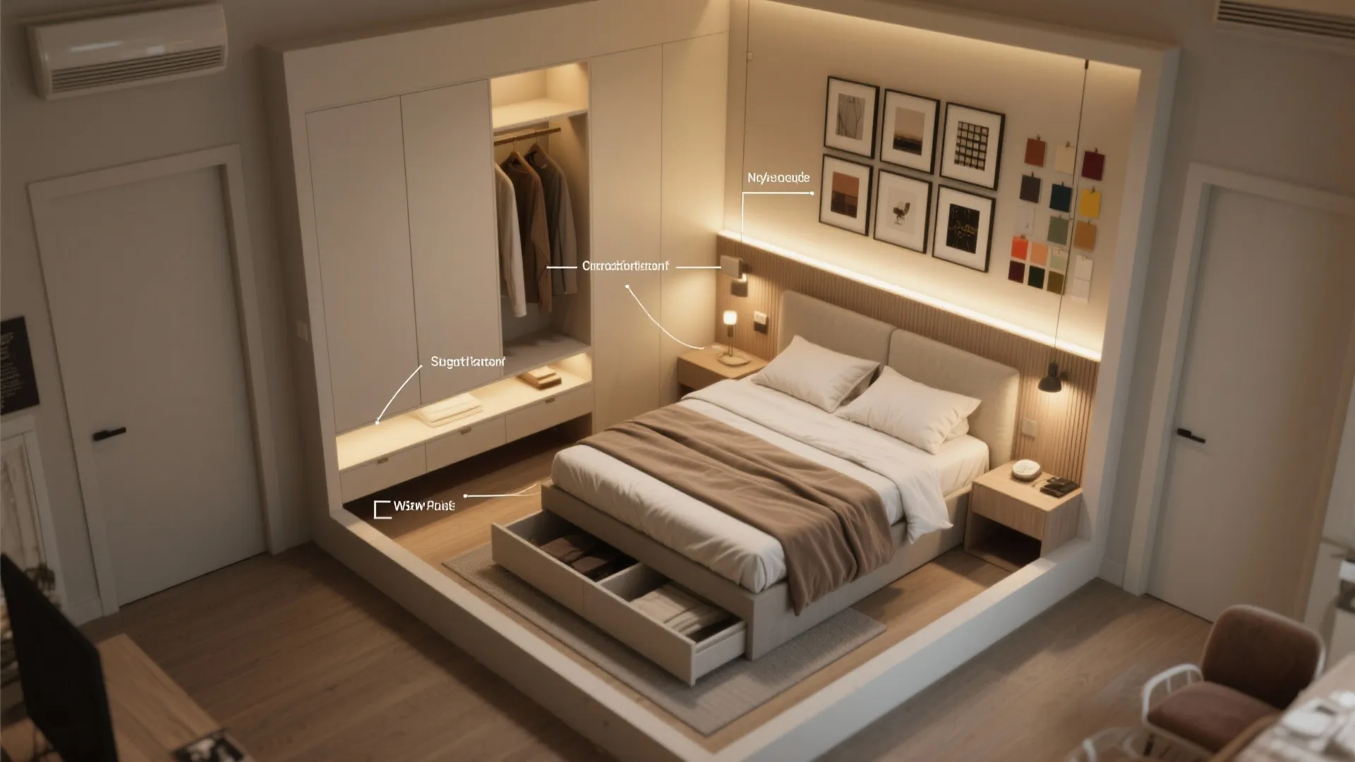 Modern bedroom interior design drawing with labeled storage bed and white cabinet for room layout