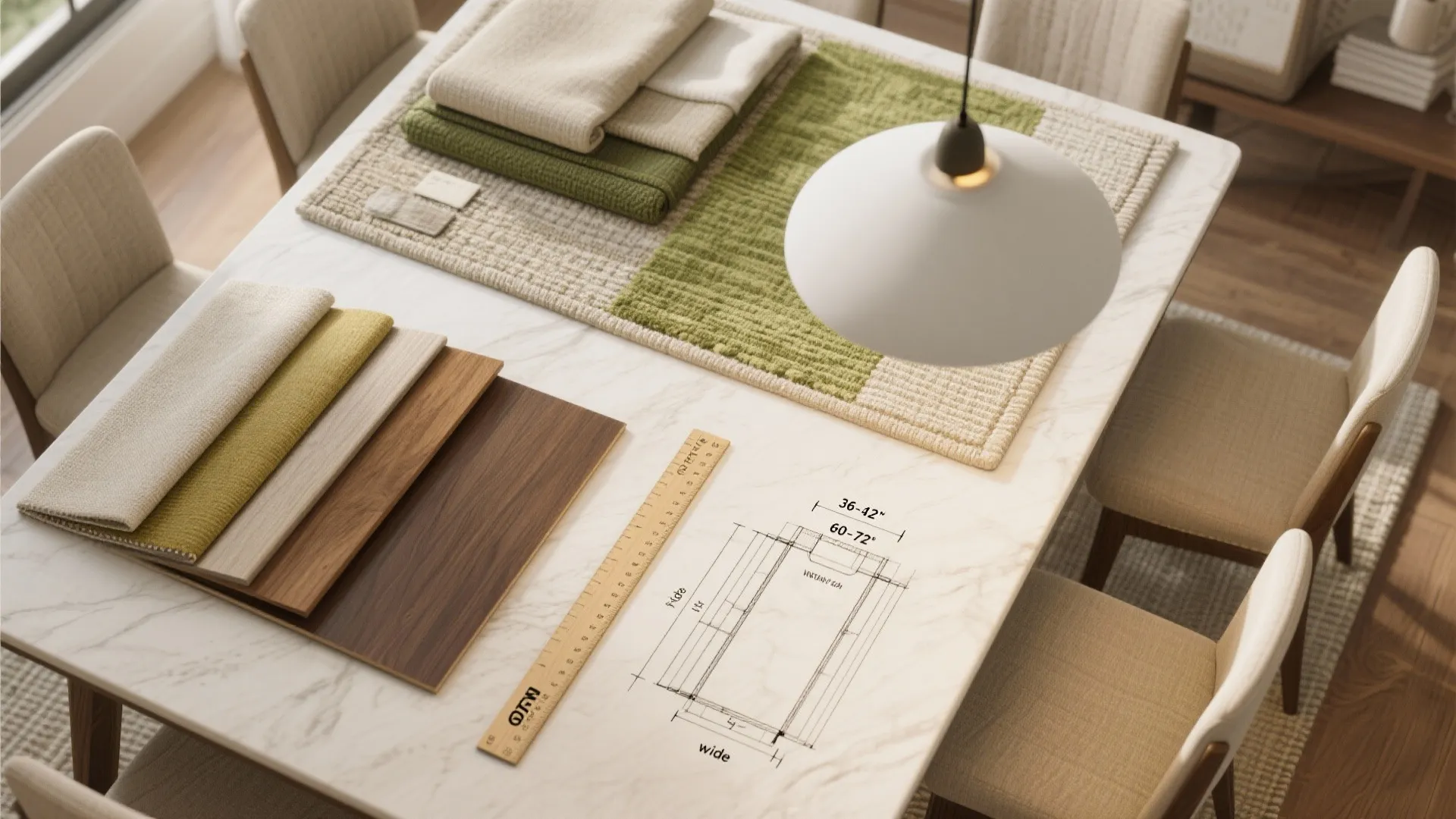 Dining table with floor plan drawing wooden samples fabric swatches ruler and white ceiling light