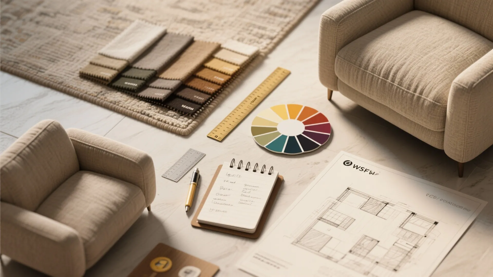 Interior design tools featuring fabric samples, color wheel, ruler, floor plan drawing, and small armchairs