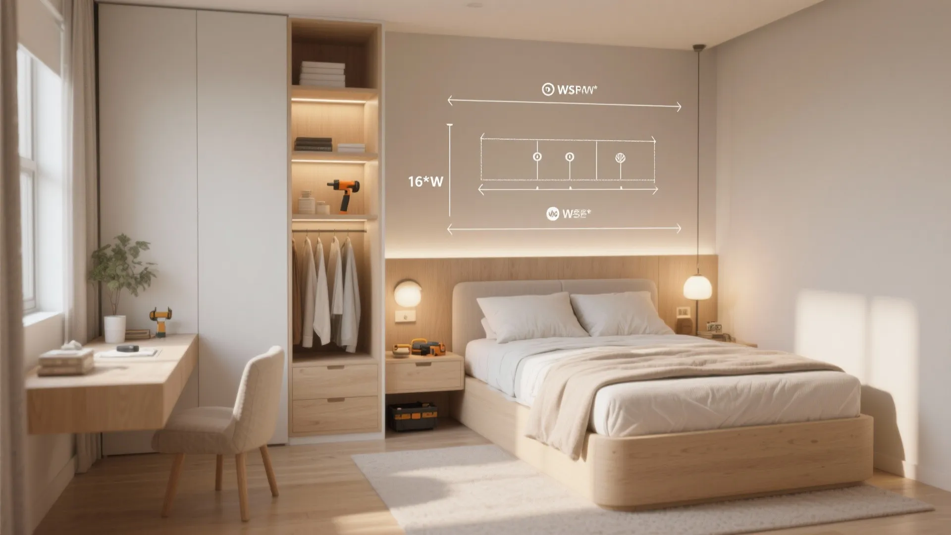 Tiny bedroom vignette illustrating mattress sizing, storage tips and layered lighting for FAQs.