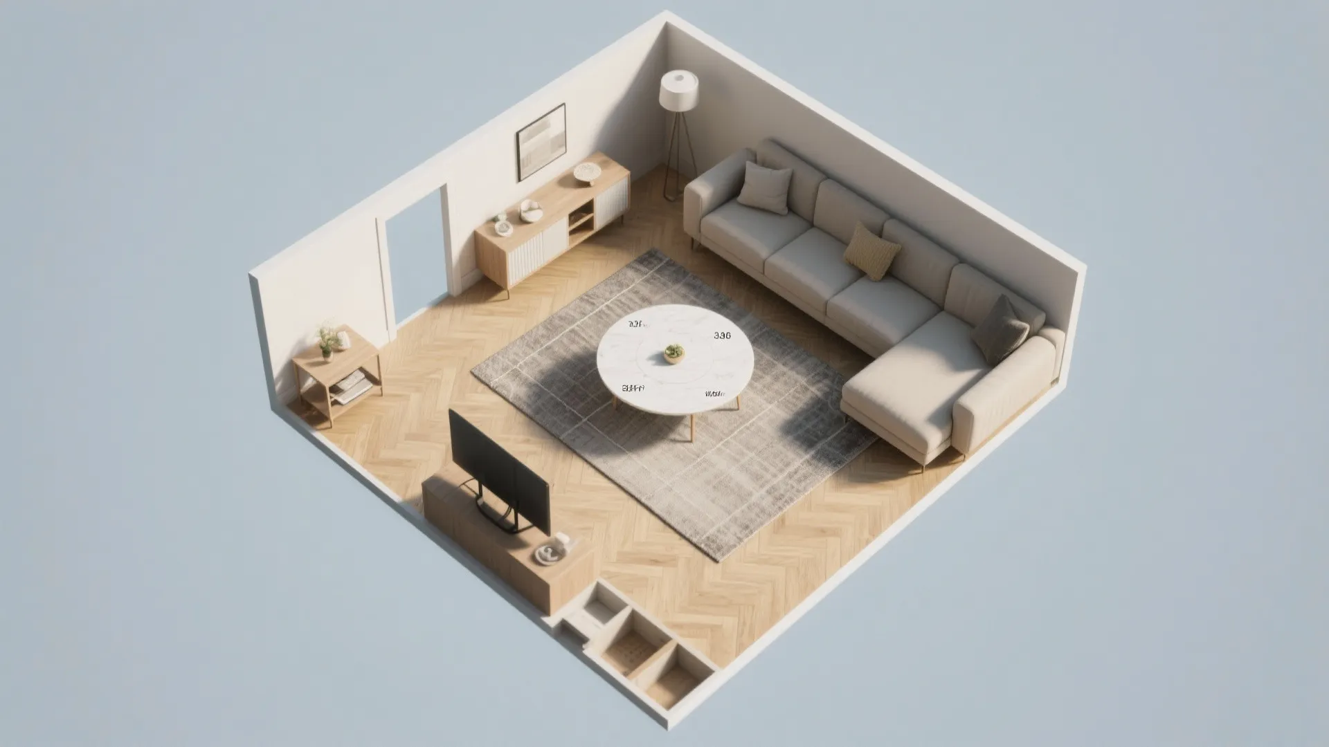 Top-down view of a small 12x12 living-dining layout showing furniture placement and circulation